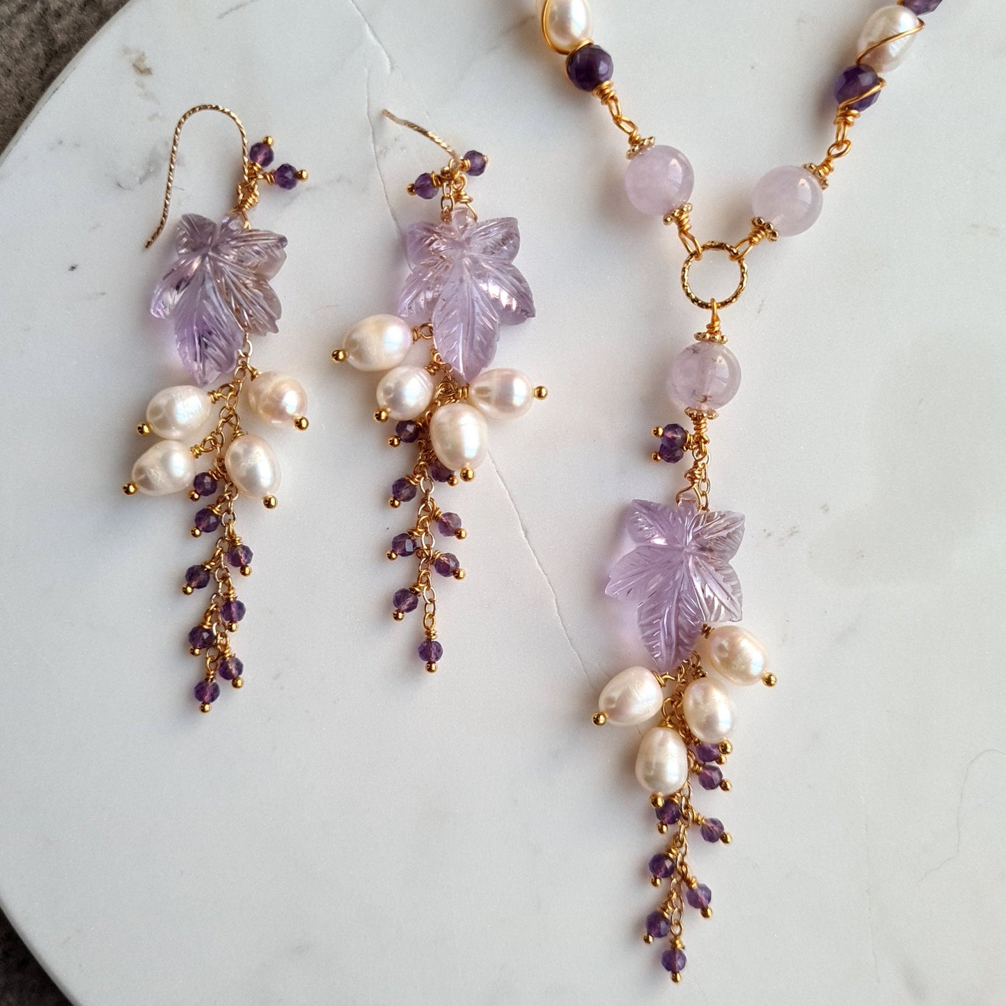 Pink Amethyst Flower Carved Gemstone Necklace & Earrings with Fresh Water Pearl and Amethyst Cluster Set