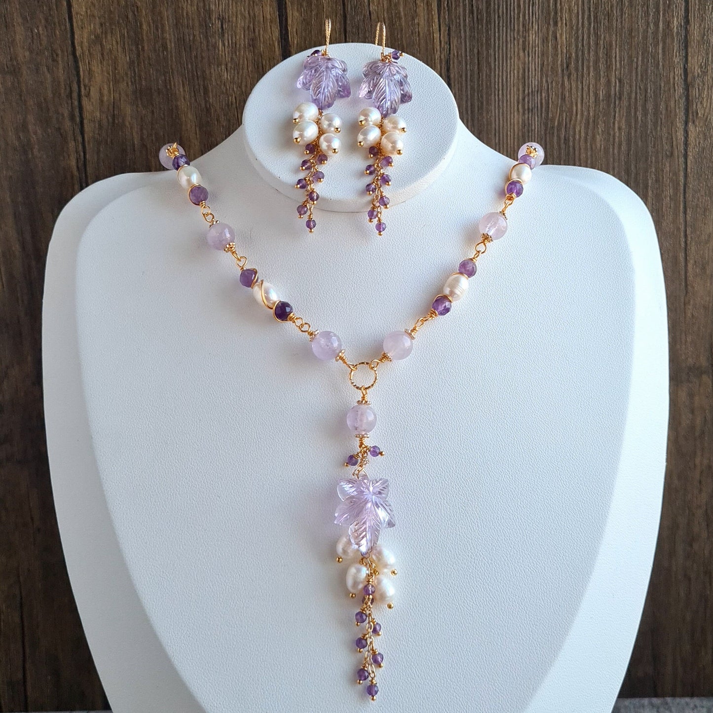 Pink Amethyst Flower Carved Gemstone Necklace & Earrings with Fresh Water Pearl and Amethyst Cluster Set
