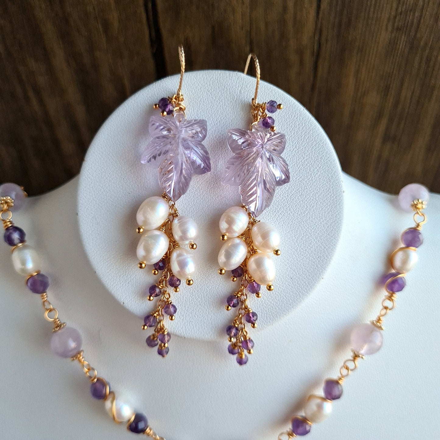 Pink Amethyst Flower Carved Gemstone Necklace & Earrings with Fresh Water Pearl and Amethyst Cluster Set