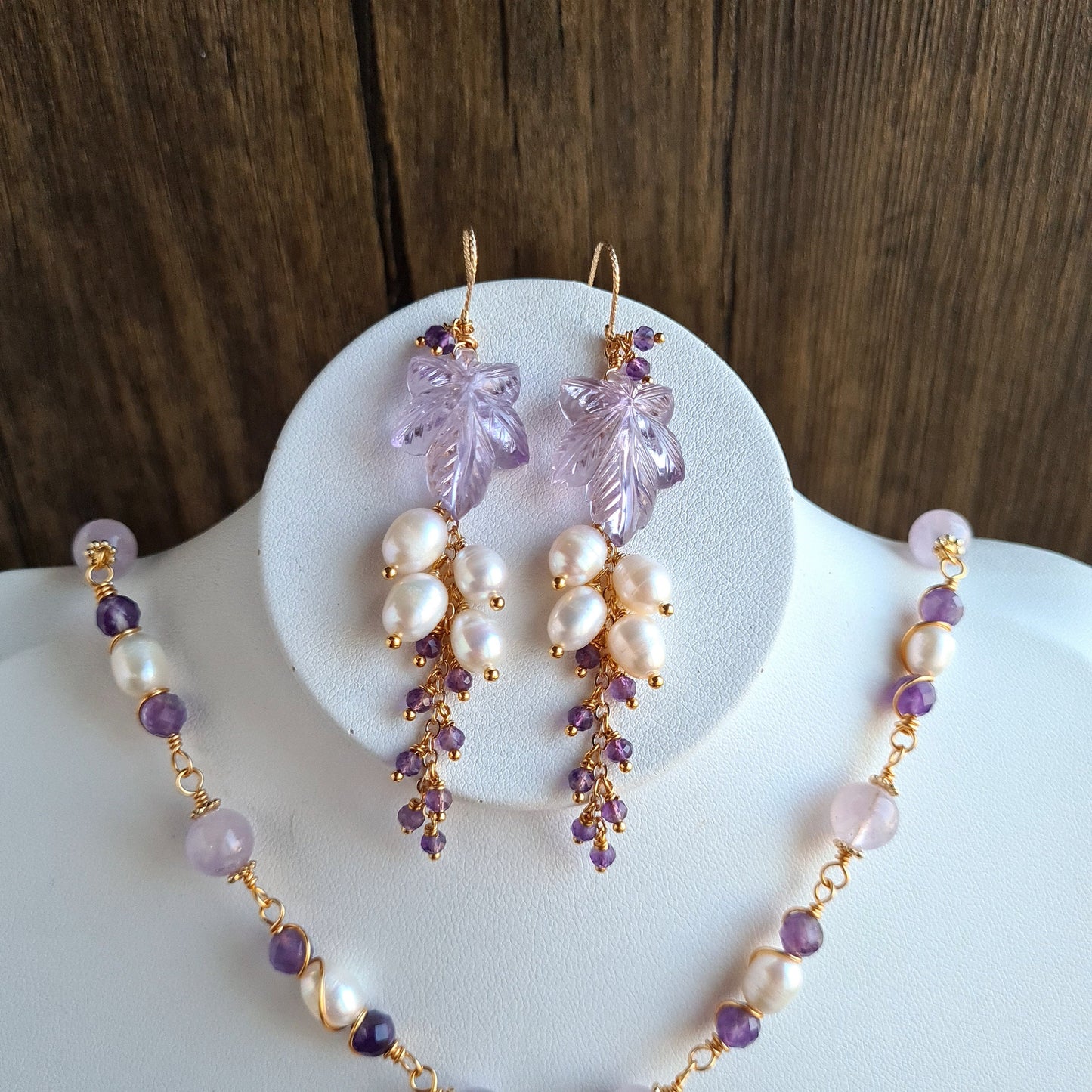 Pink Amethyst Flower Carved Gemstone Necklace & Earrings with Fresh Water Pearl and Amethyst Cluster Set