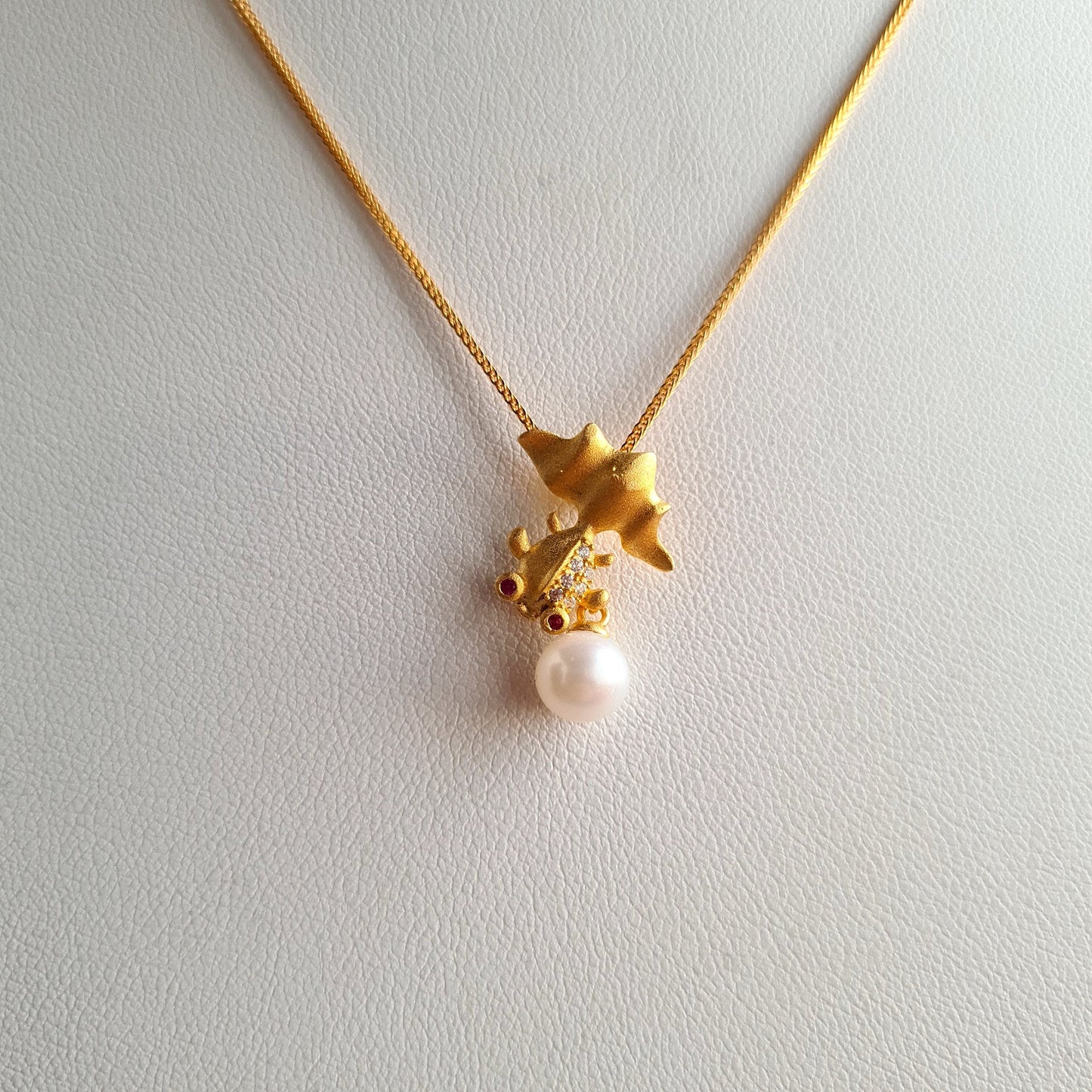 Gold Fish Vermeil Pendant with Chain with AAA fresh water Pearl Necklace
