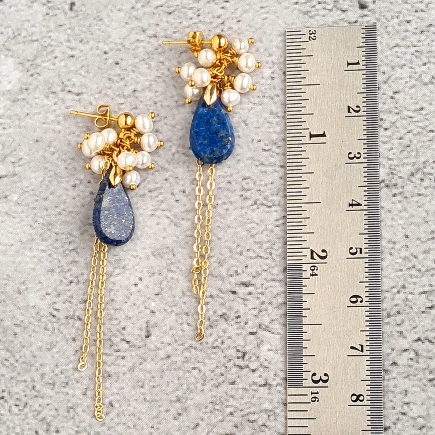 Lapis Lazuli Flat Cabochon with Fresh Water Pearl cluster Earrings & Necklace Set