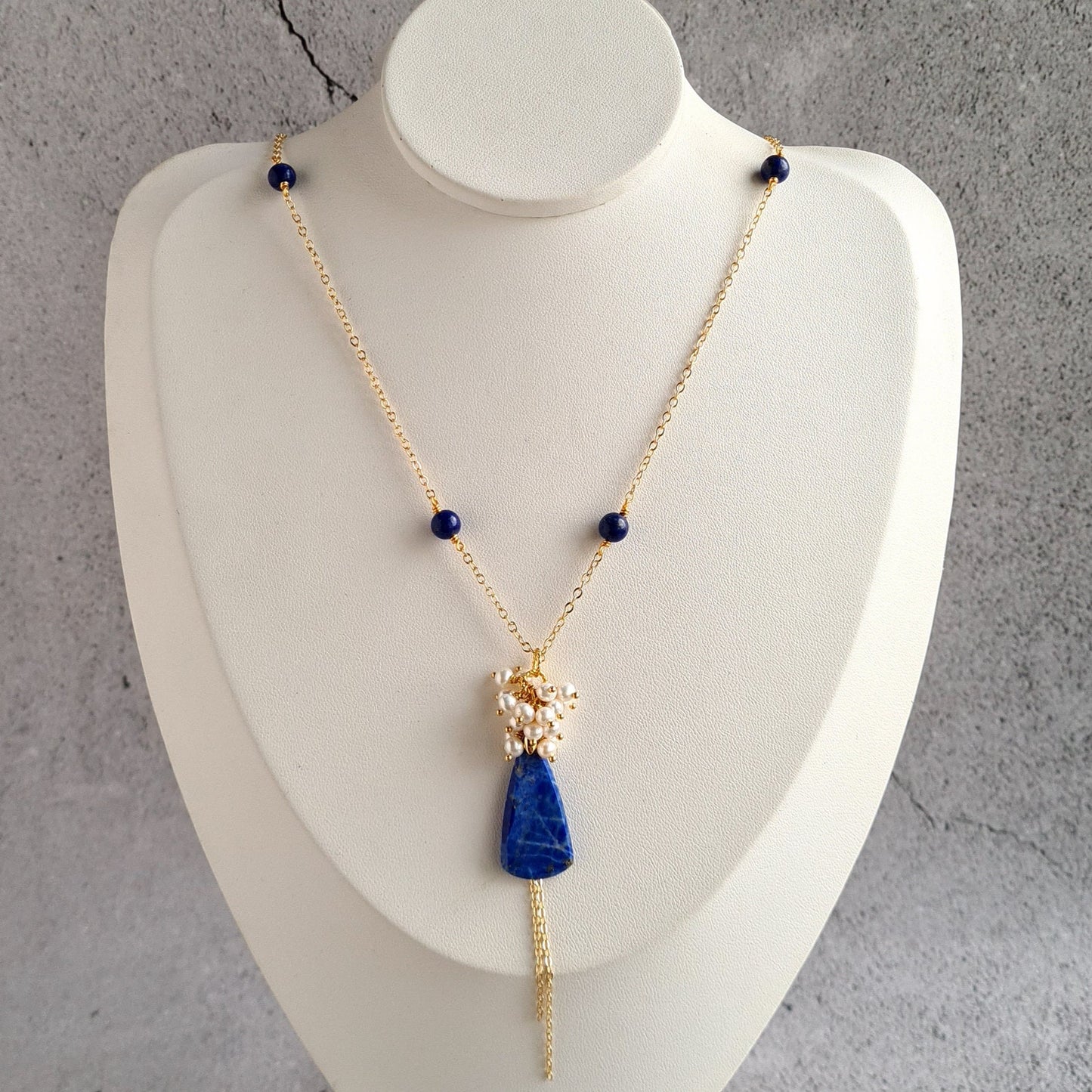 Lapis Lazuli Flat Cabochon with Fresh Water Pearl cluster Earrings & Necklace Set