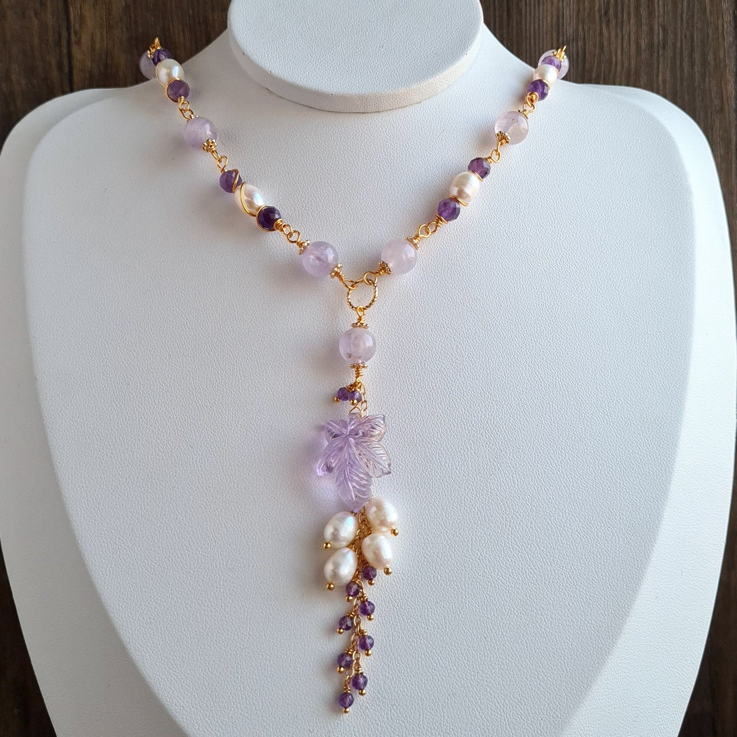 Pink Amethyst Flower Carved Gemstone Necklace & Earrings with Fresh Water Pearl and Amethyst Cluster Set
