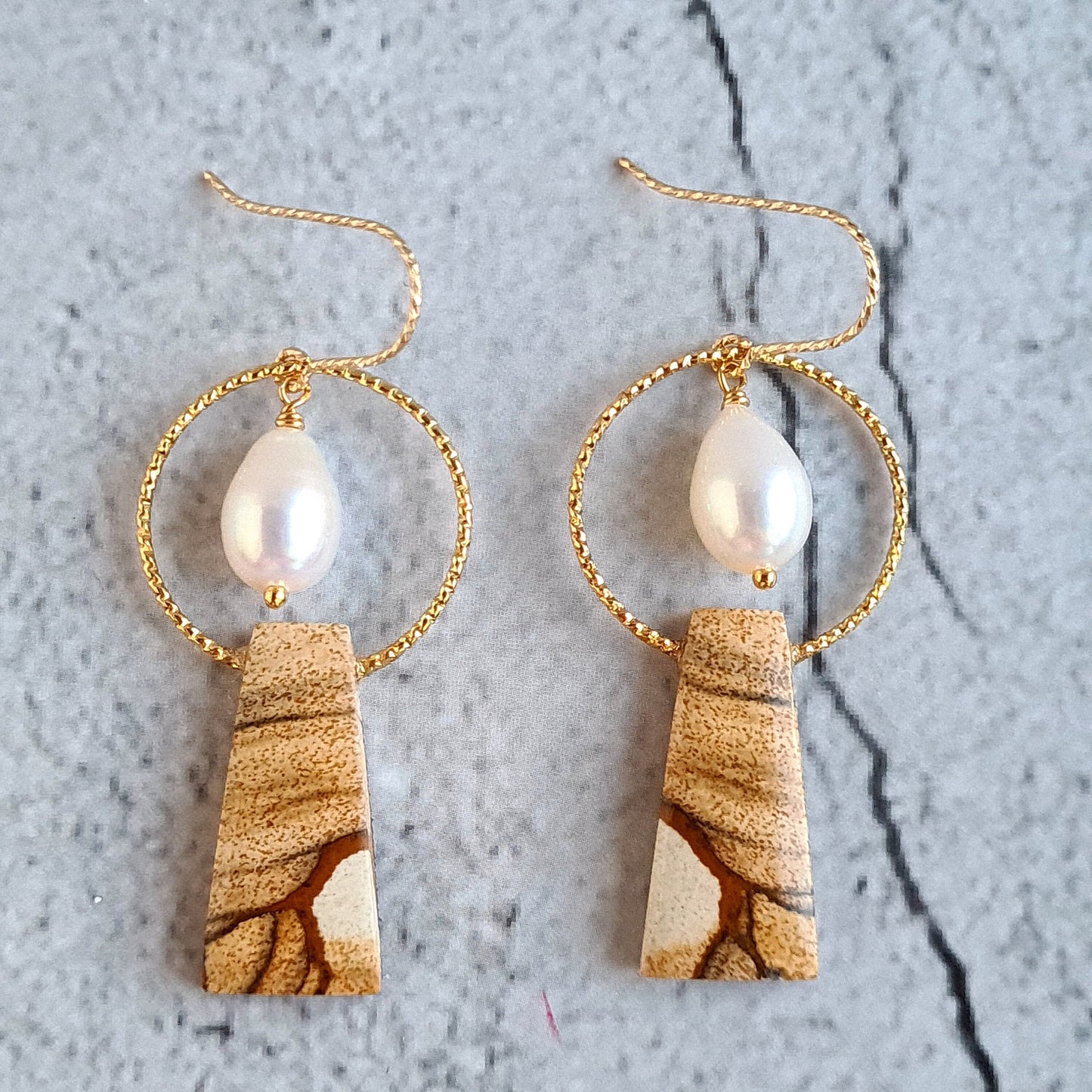 Picture Jasper with fresh water pearl tear drop gemstone earrings