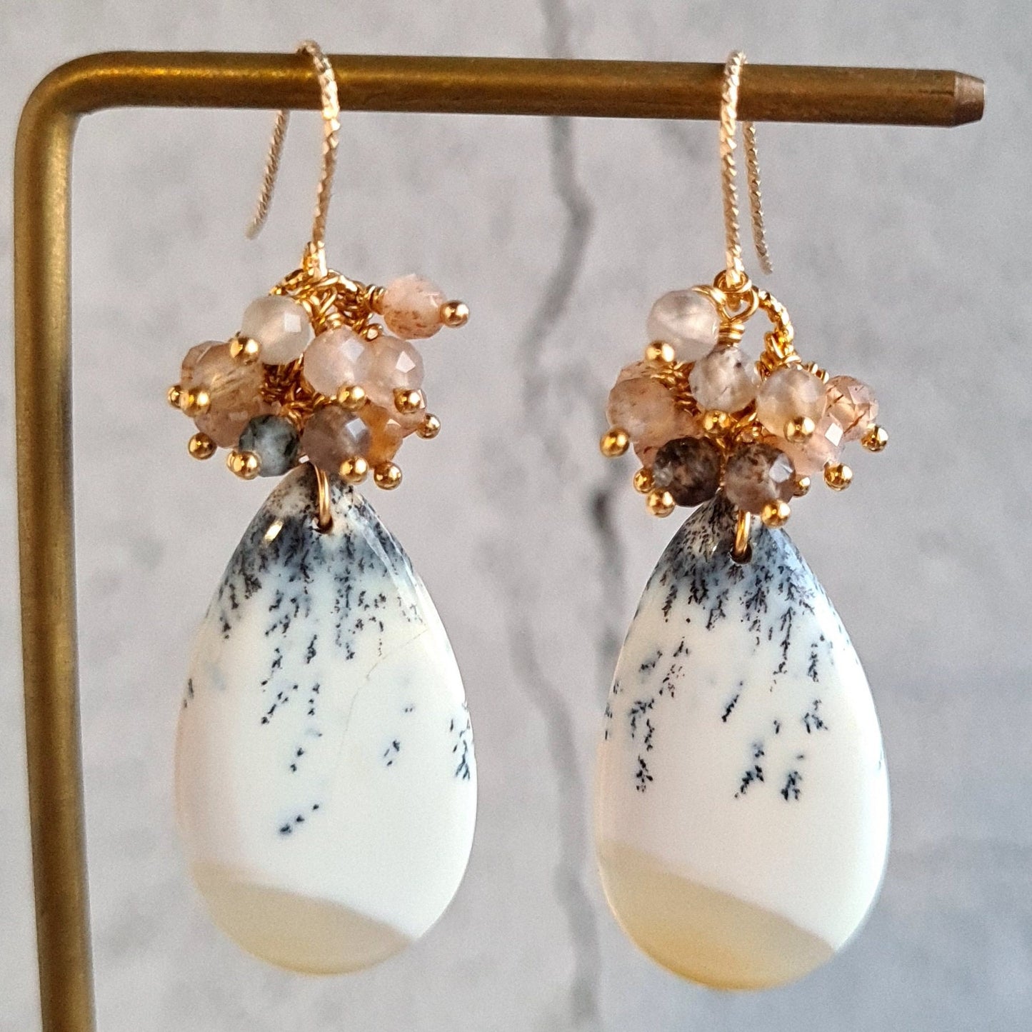 Dendrite Agate Cabochon Earrings & Pendant with chain Necklace Set
