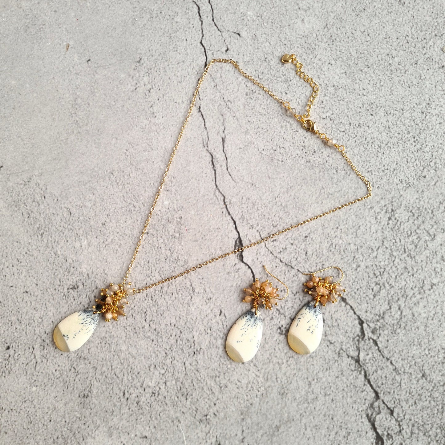 Dendrite Agate Cabochon Earrings & Pendant with chain Necklace Set