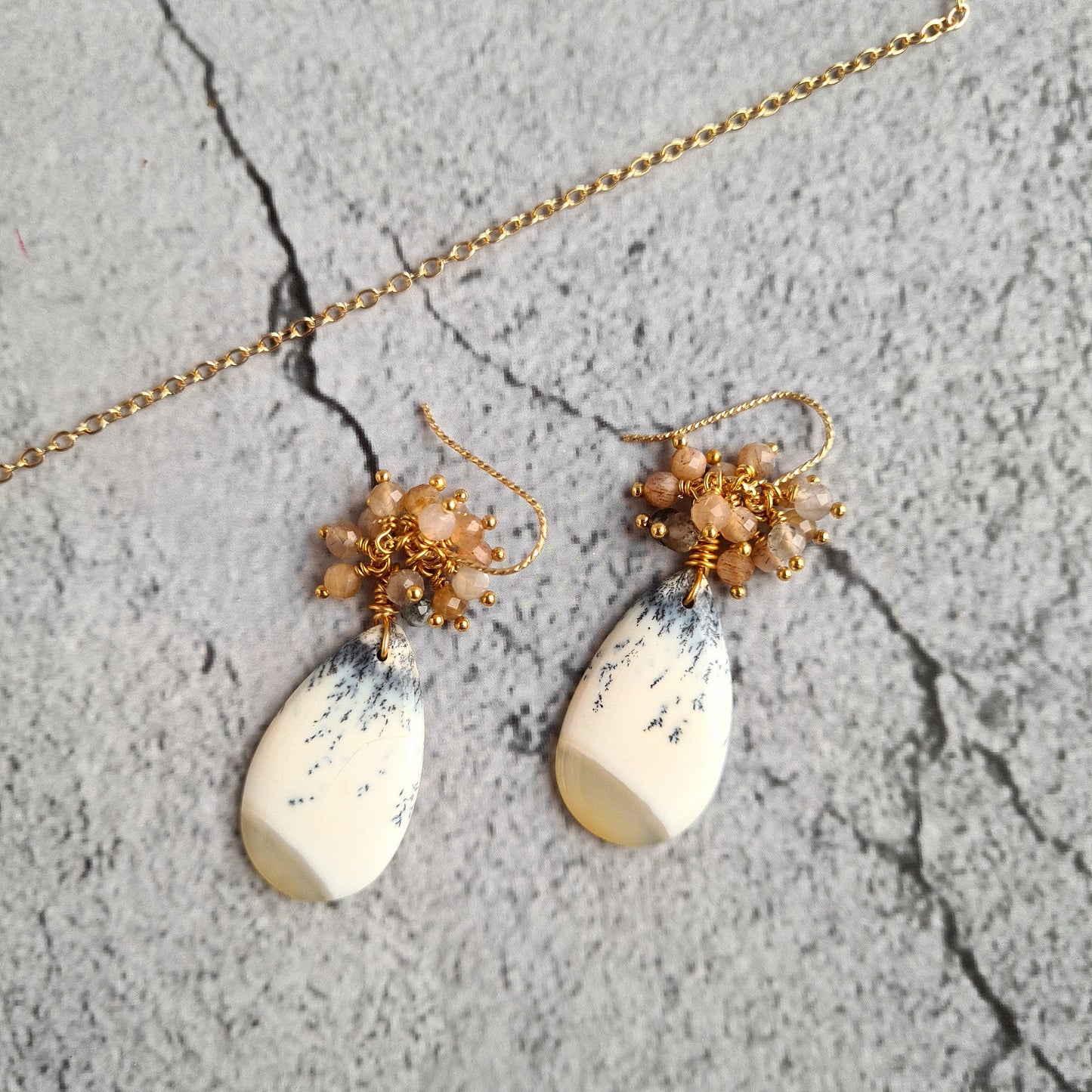 Dendrite Agate Cabochon Earrings & Pendant with chain Necklace Set