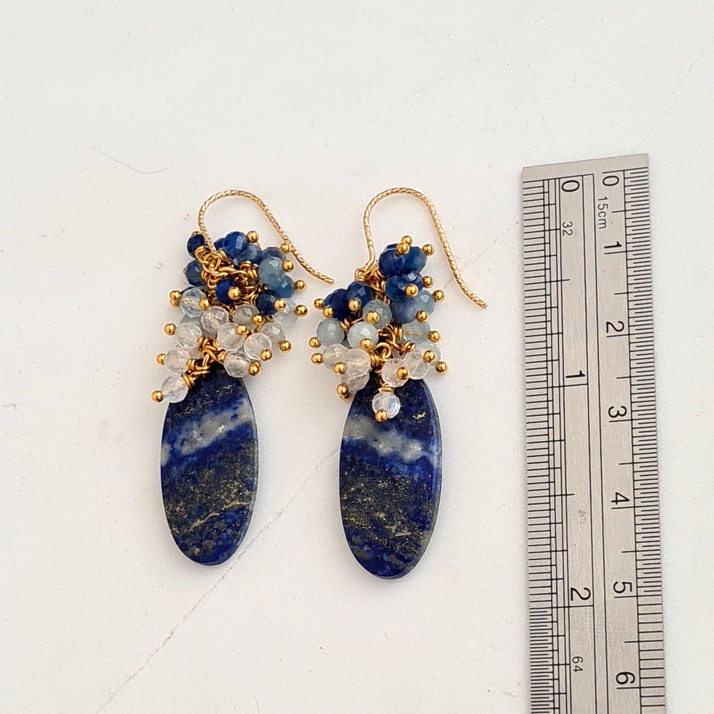 Lapis Lazuli with rainbow moonstone, aquamarine and kyanite gemstone cluster earrings