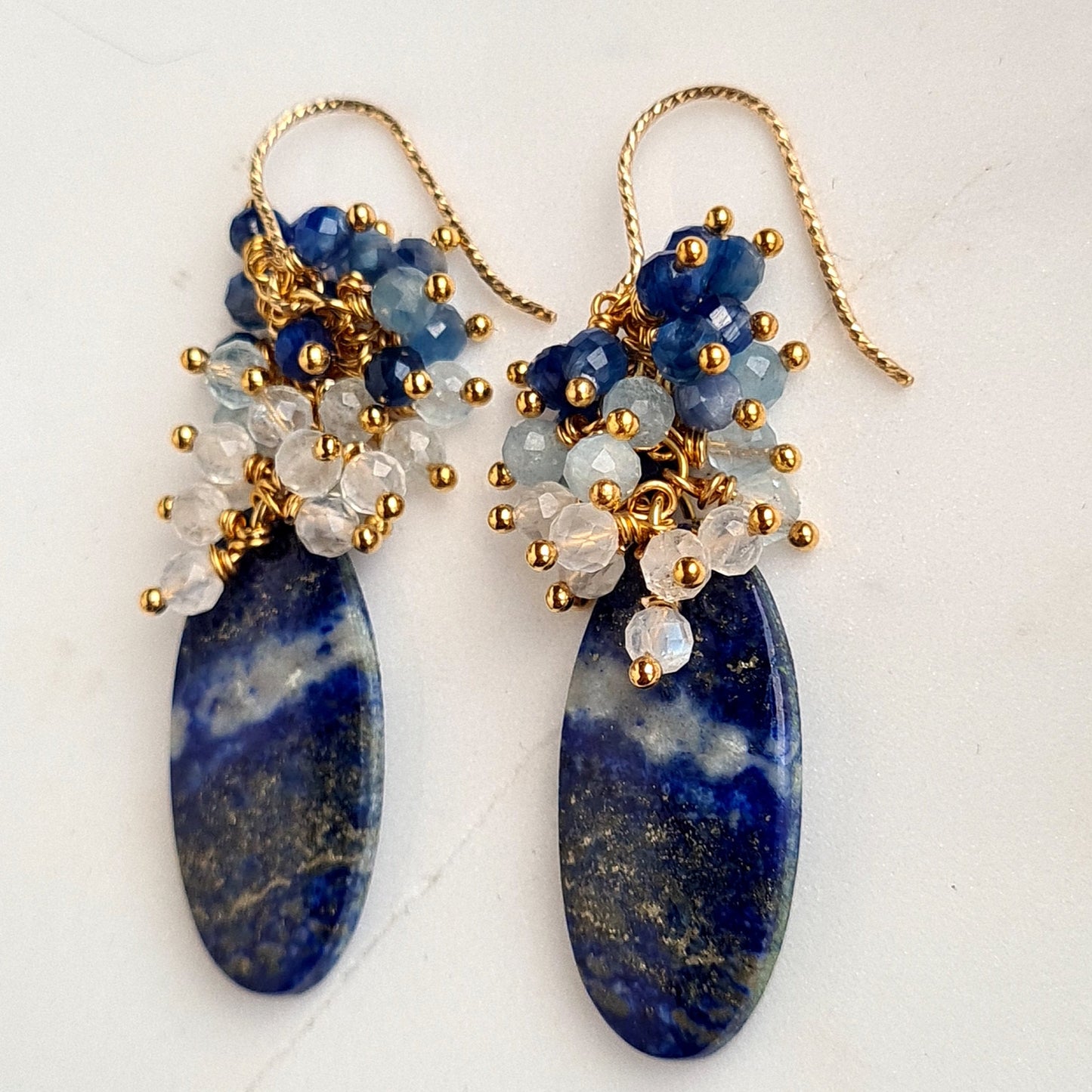 Lapis Lazuli with rainbow moonstone, aquamarine and kyanite gemstone cluster earrings