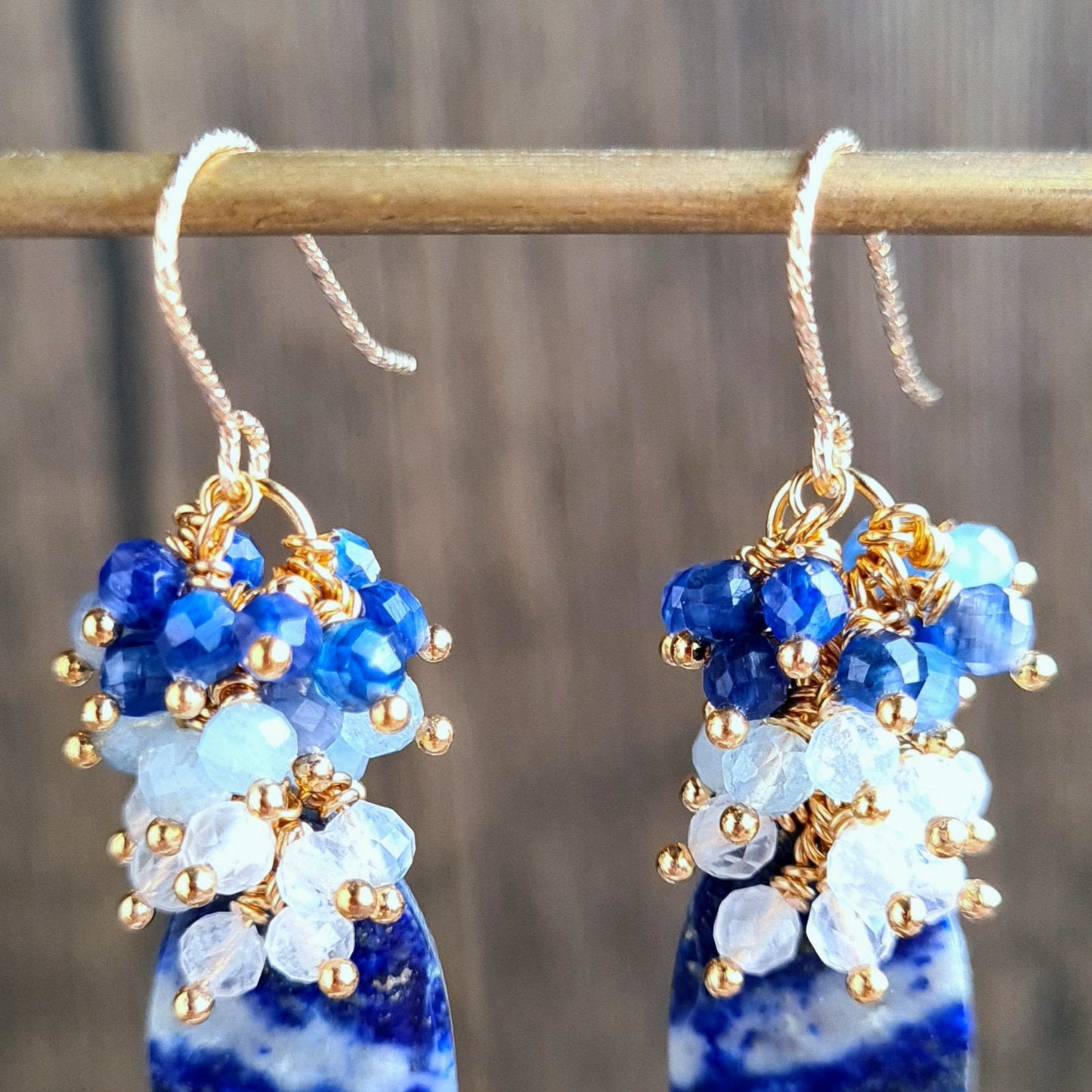 Lapis Lazuli with rainbow moonstone, aquamarine and kyanite gemstone cluster earrings