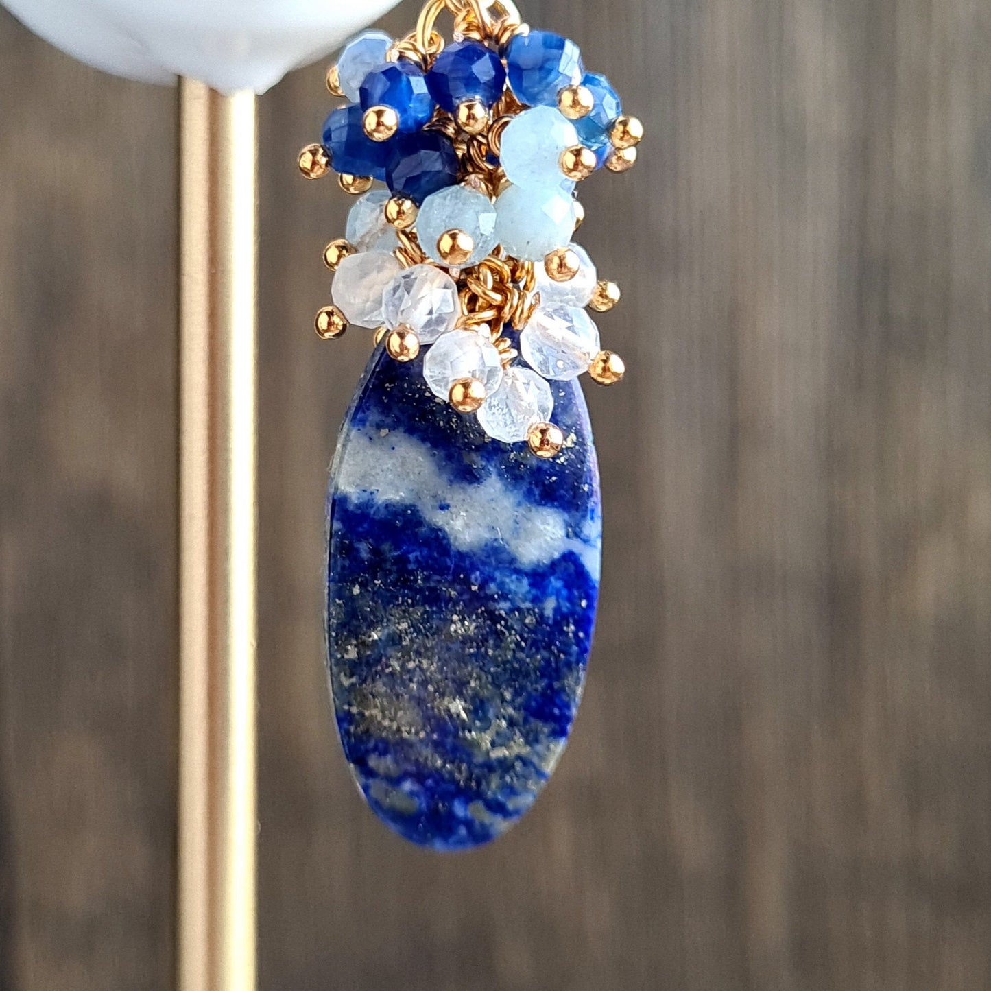 Lapis Lazuli with rainbow moonstone, aquamarine and kyanite gemstone cluster earrings