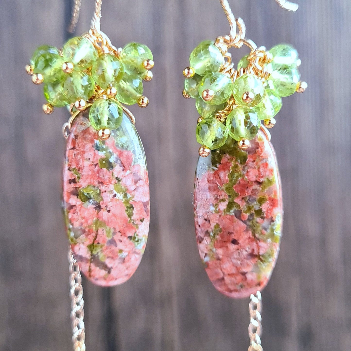 Unakite with Peridot Gemstone Cluster Earrings