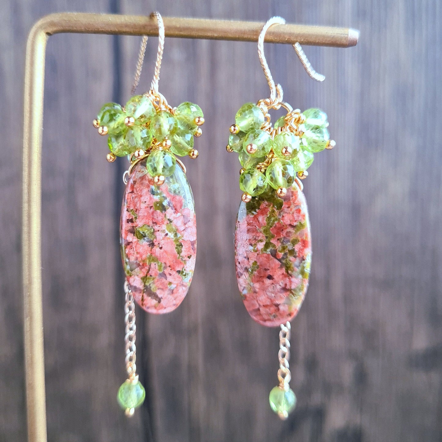 Unakite with Peridot Gemstone Cluster Earrings