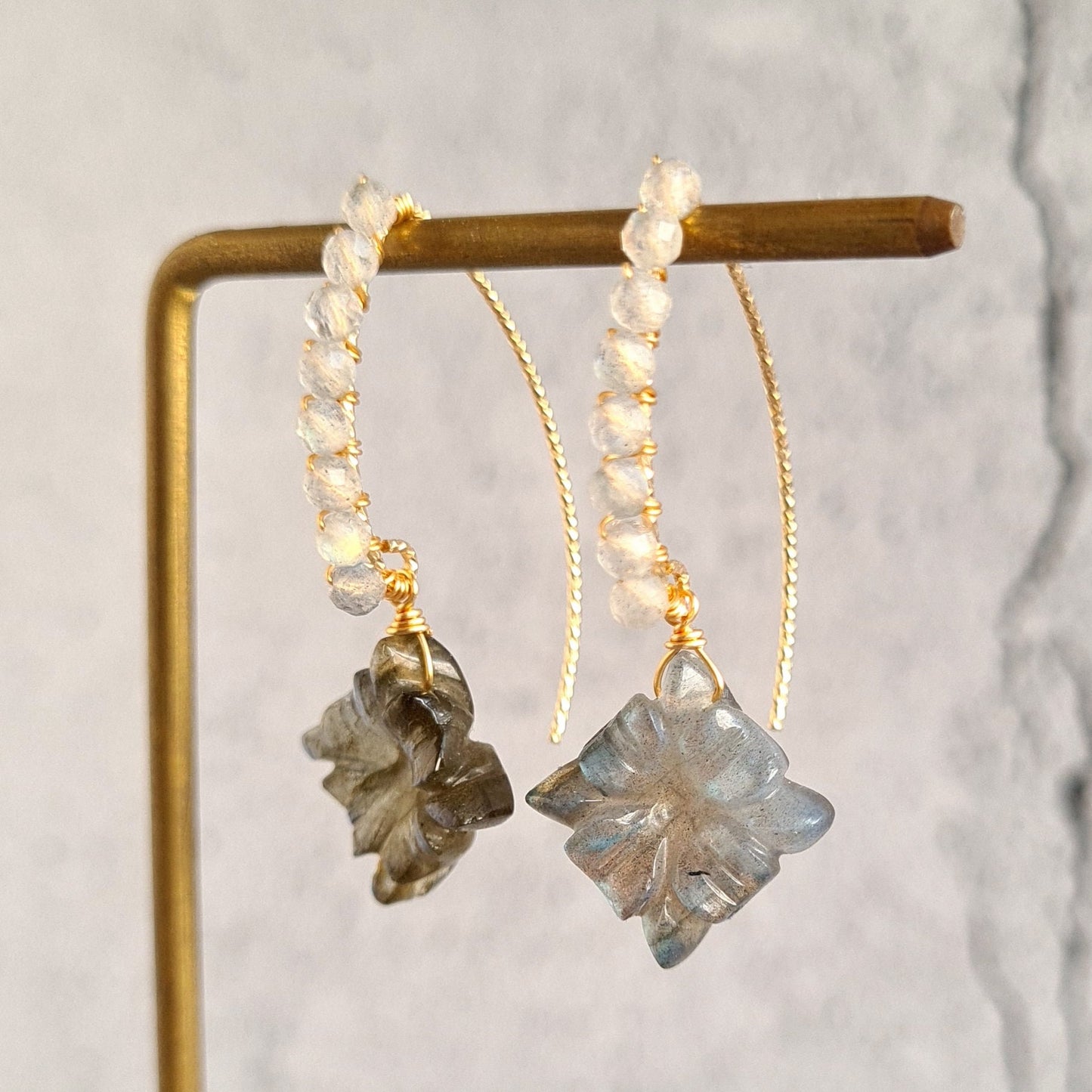 Carved Labradorite wire wrap V Hook Gemstone Earrings