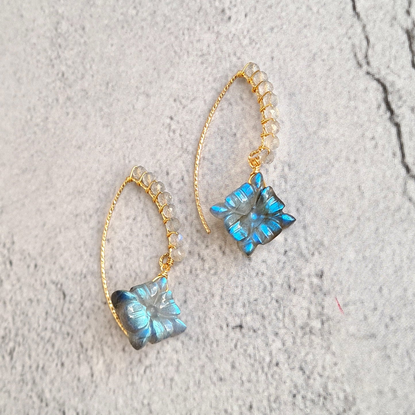 Carved Labradorite wire wrap V Hook Gemstone Earrings