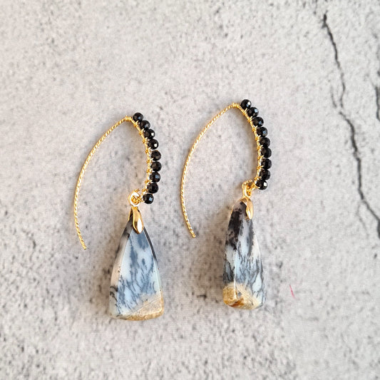 Natural Arborization Opal with black spinel Gemstone Earrings