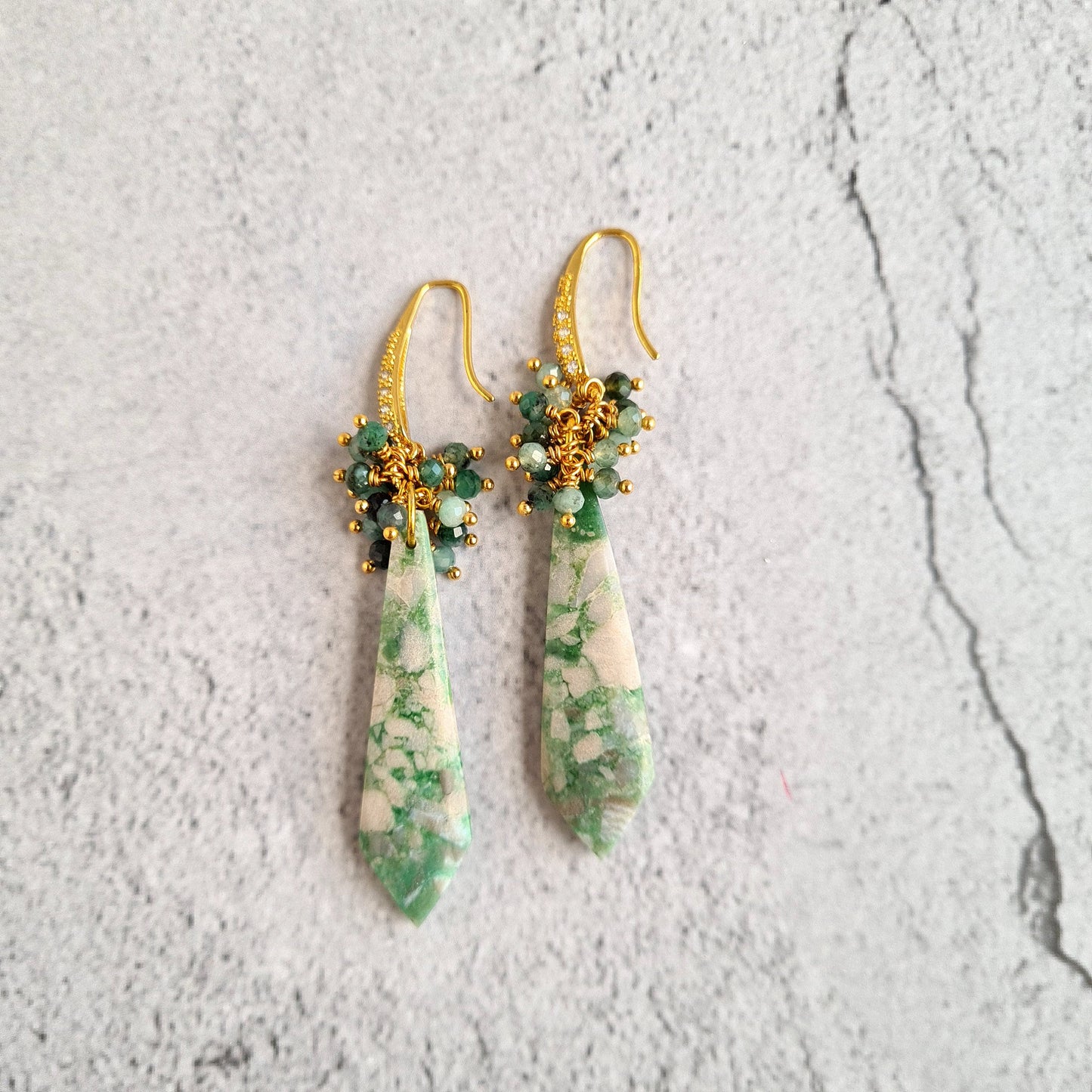 Natural Turquoise with shaded Emerald Cluster Gemstone Earrings