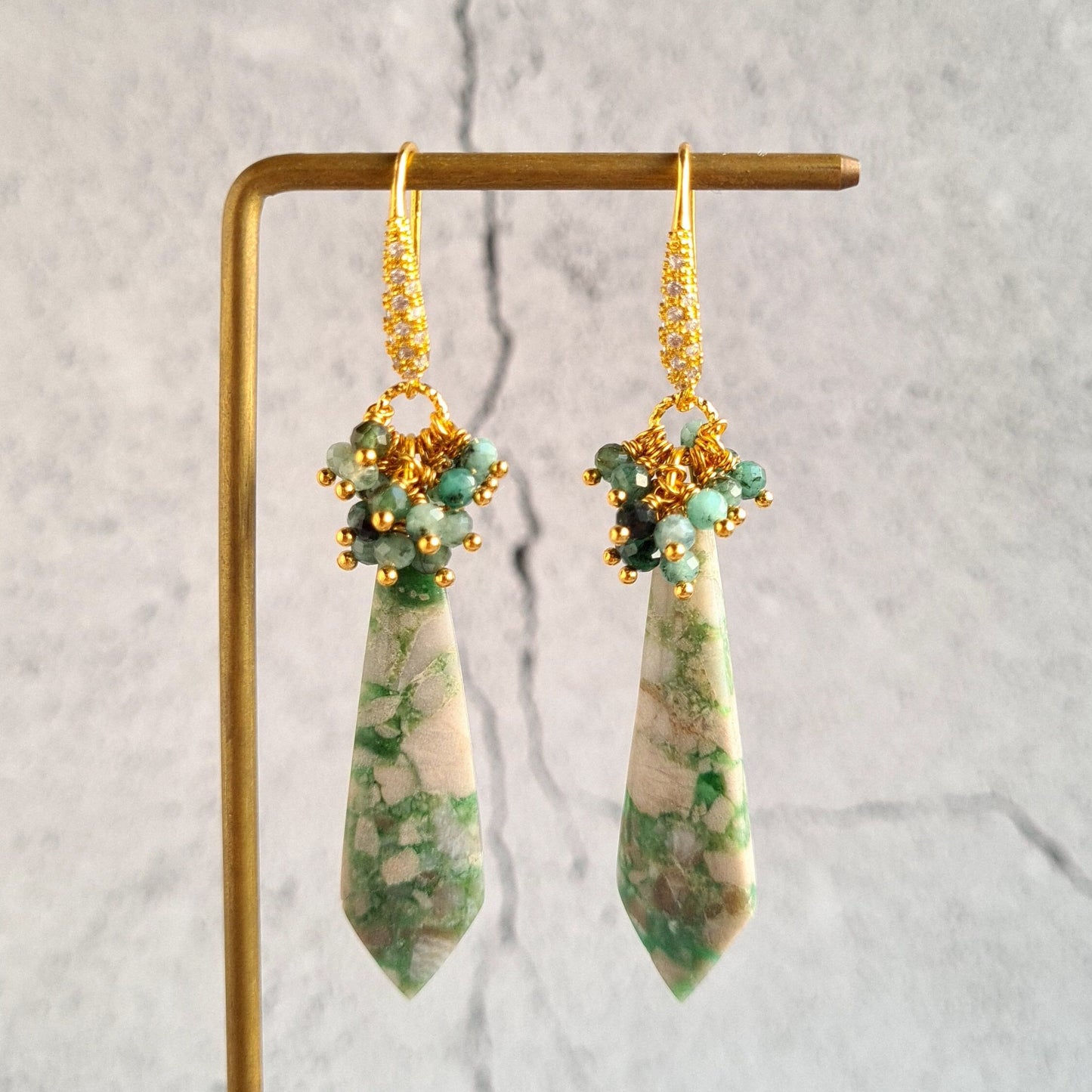 Natural Turquoise with shaded Emerald Cluster Gemstone Earrings
