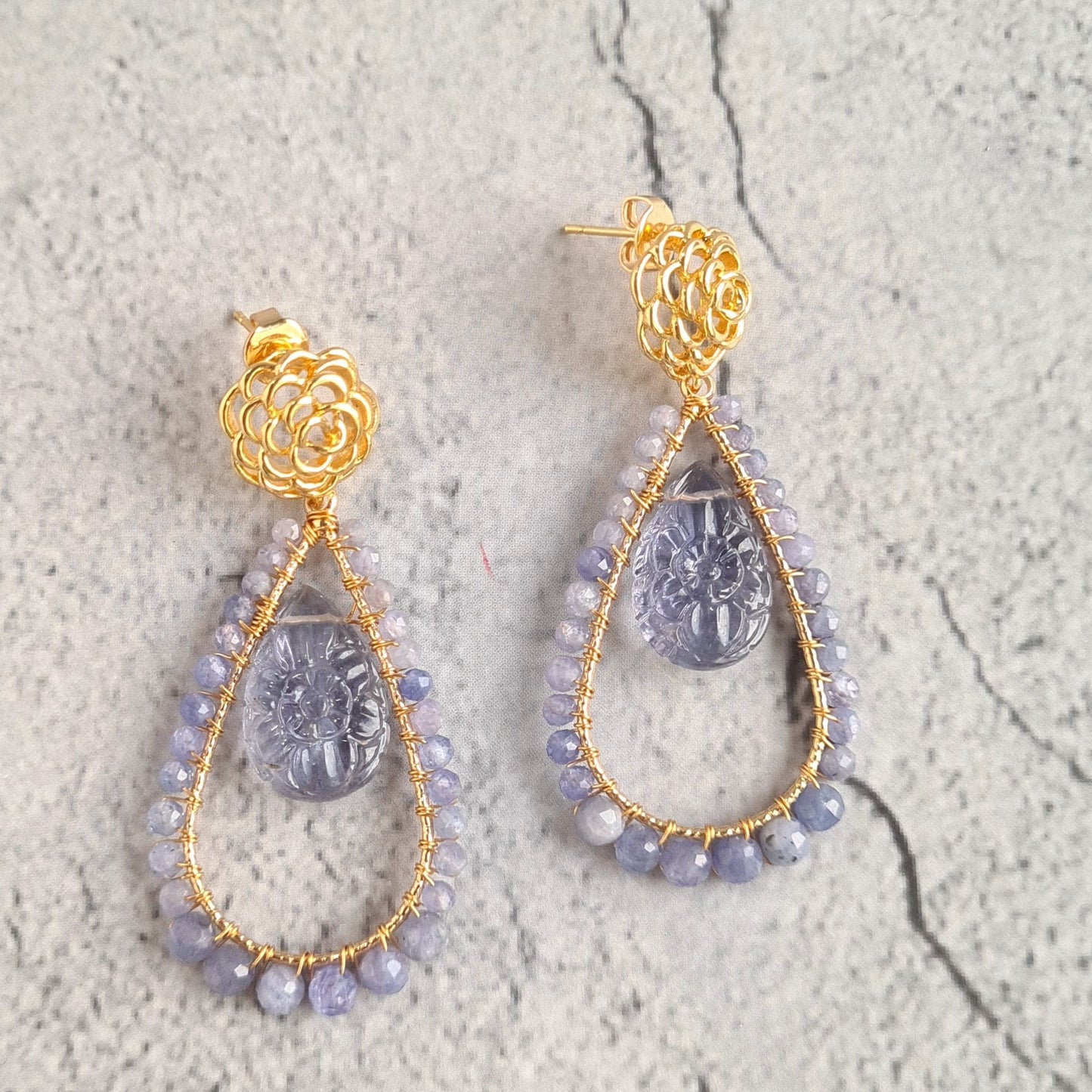 Carved Amethyst Pear with Tanzanite wire Wrap Gemstone Earrings