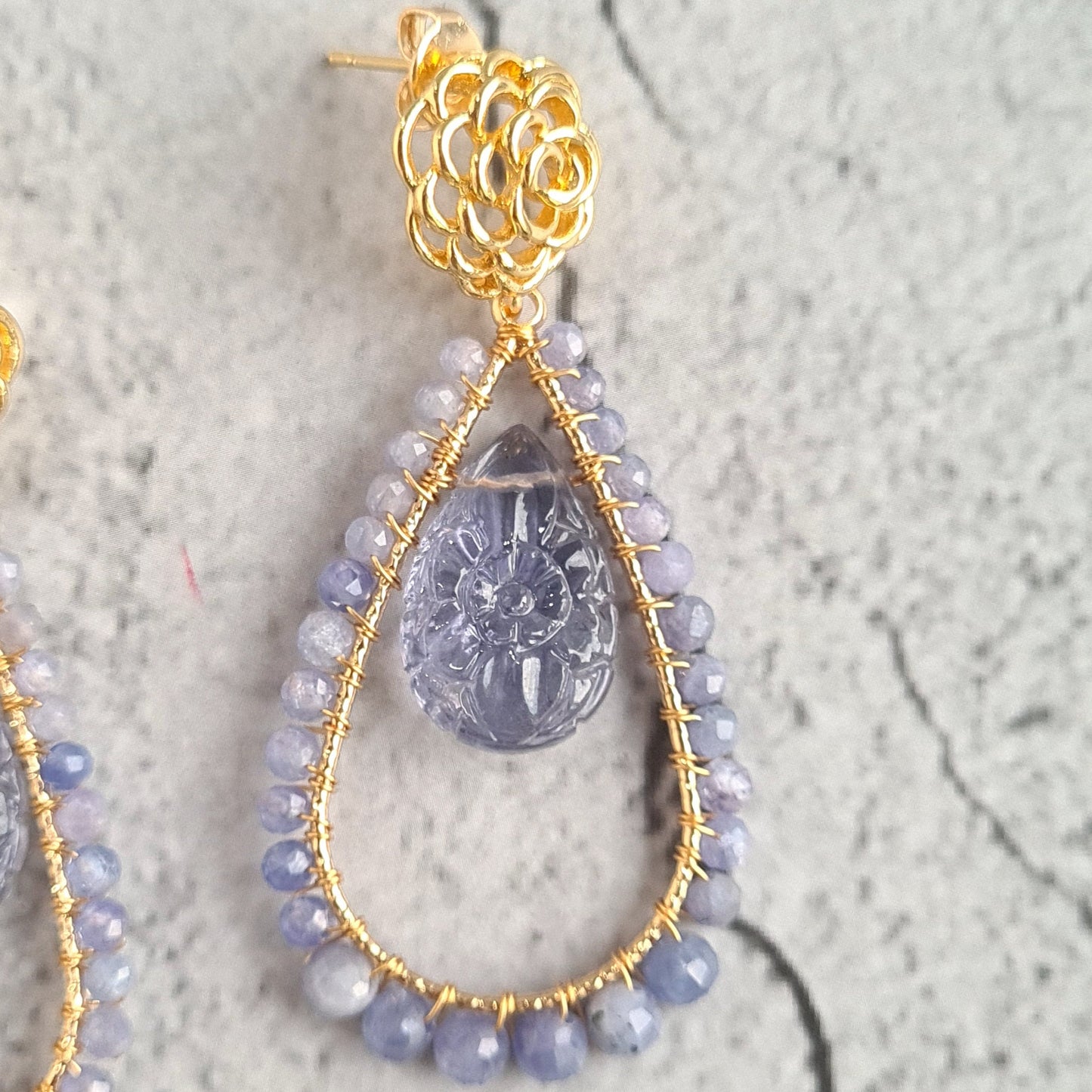 Carved Amethyst Pear with Tanzanite wire Wrap Gemstone Earrings