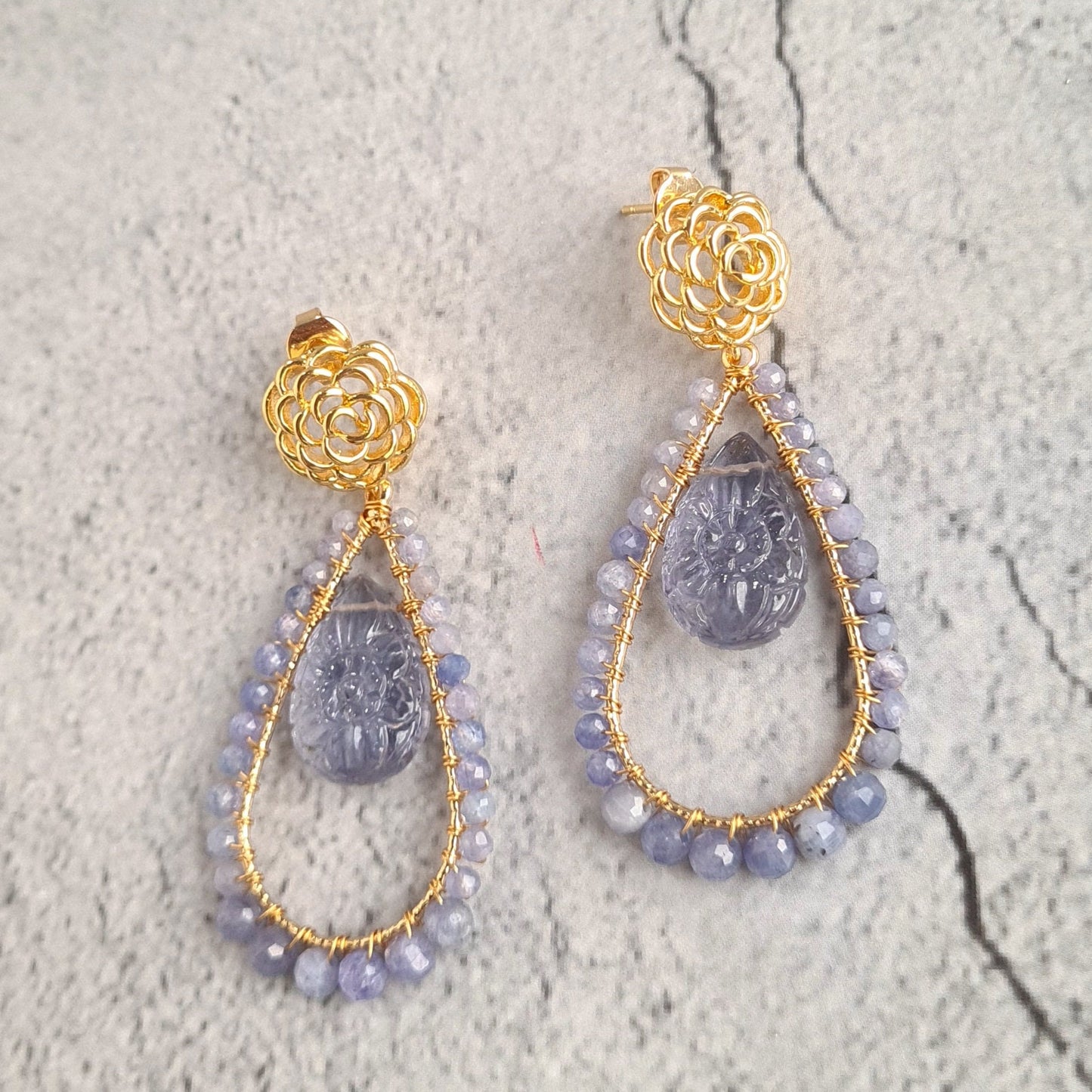 Carved Amethyst Pear with Tanzanite wire Wrap Gemstone Earrings
