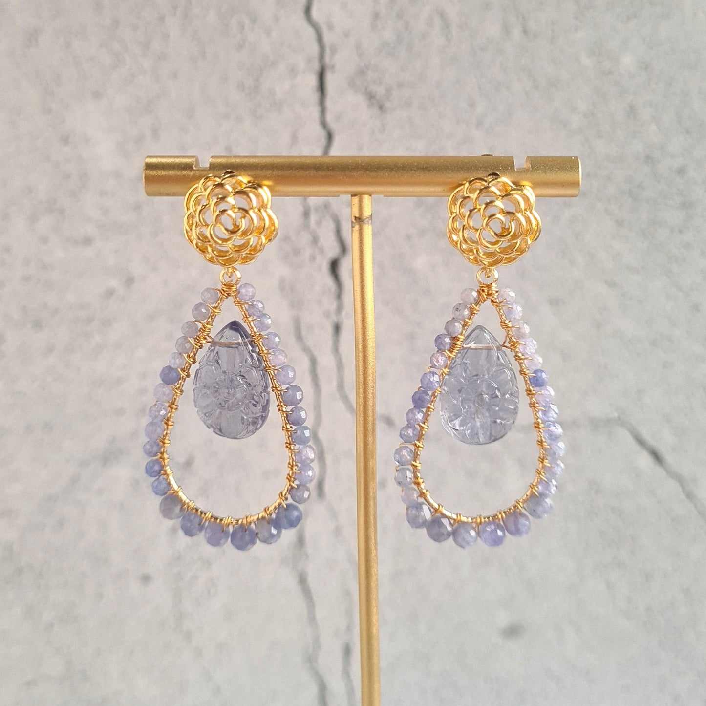 Carved Amethyst Pear with Tanzanite wire Wrap Gemstone Earrings