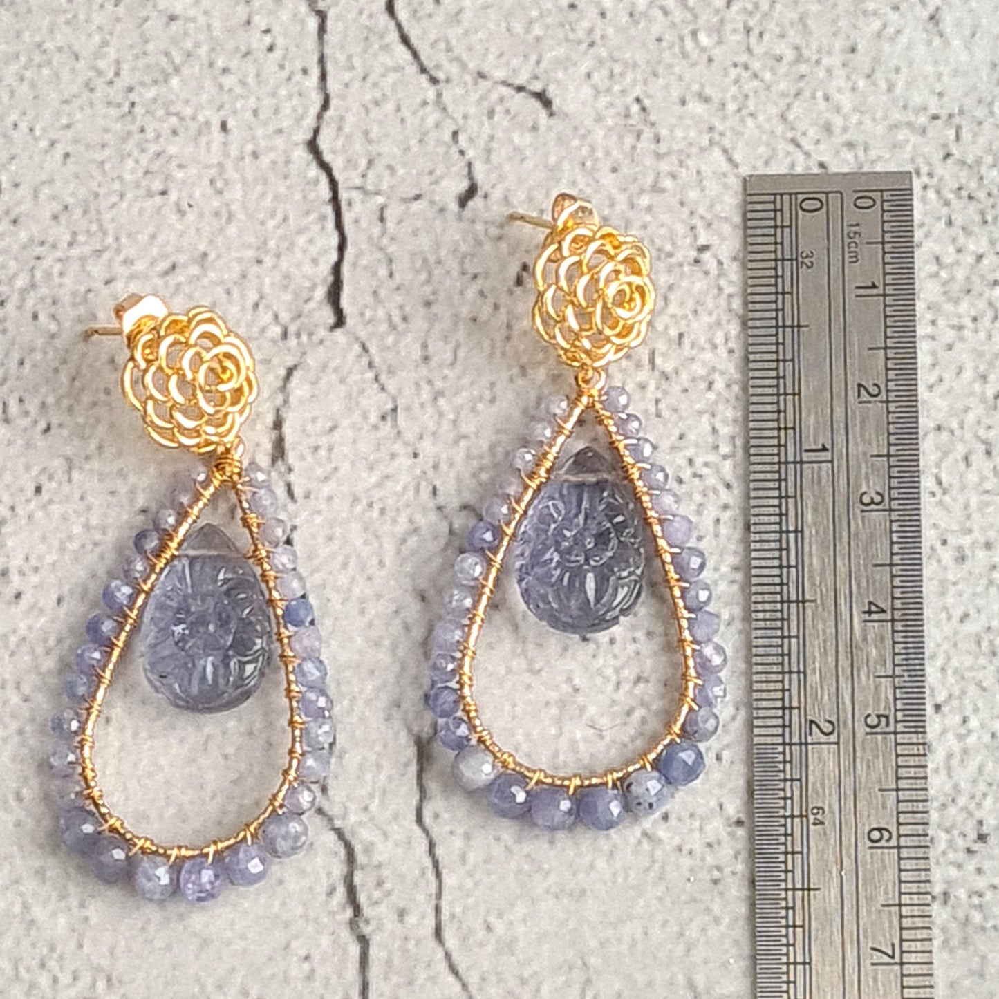 Carved Amethyst Pear with Tanzanite wire Wrap Gemstone Earrings