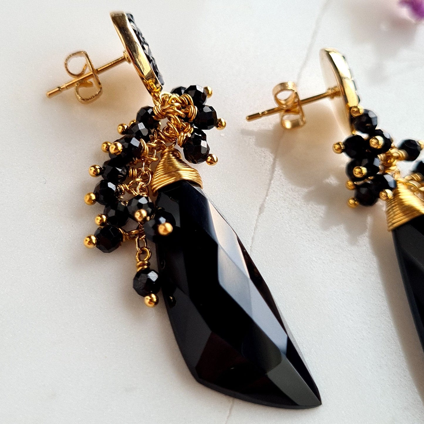 Black Onyx with Black Spinel Cluster Earring on Black pave stud