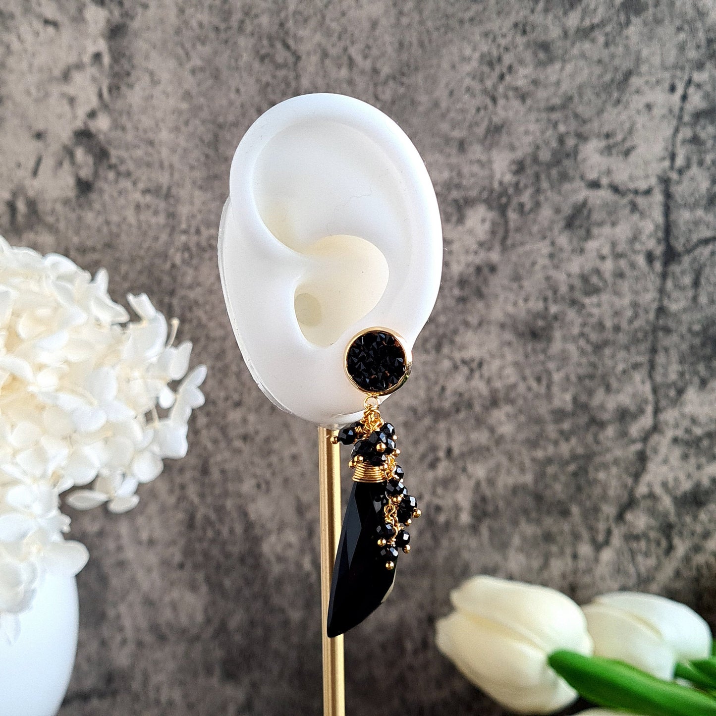 Black Onyx with Black Spinel Cluster Earring on Black pave stud