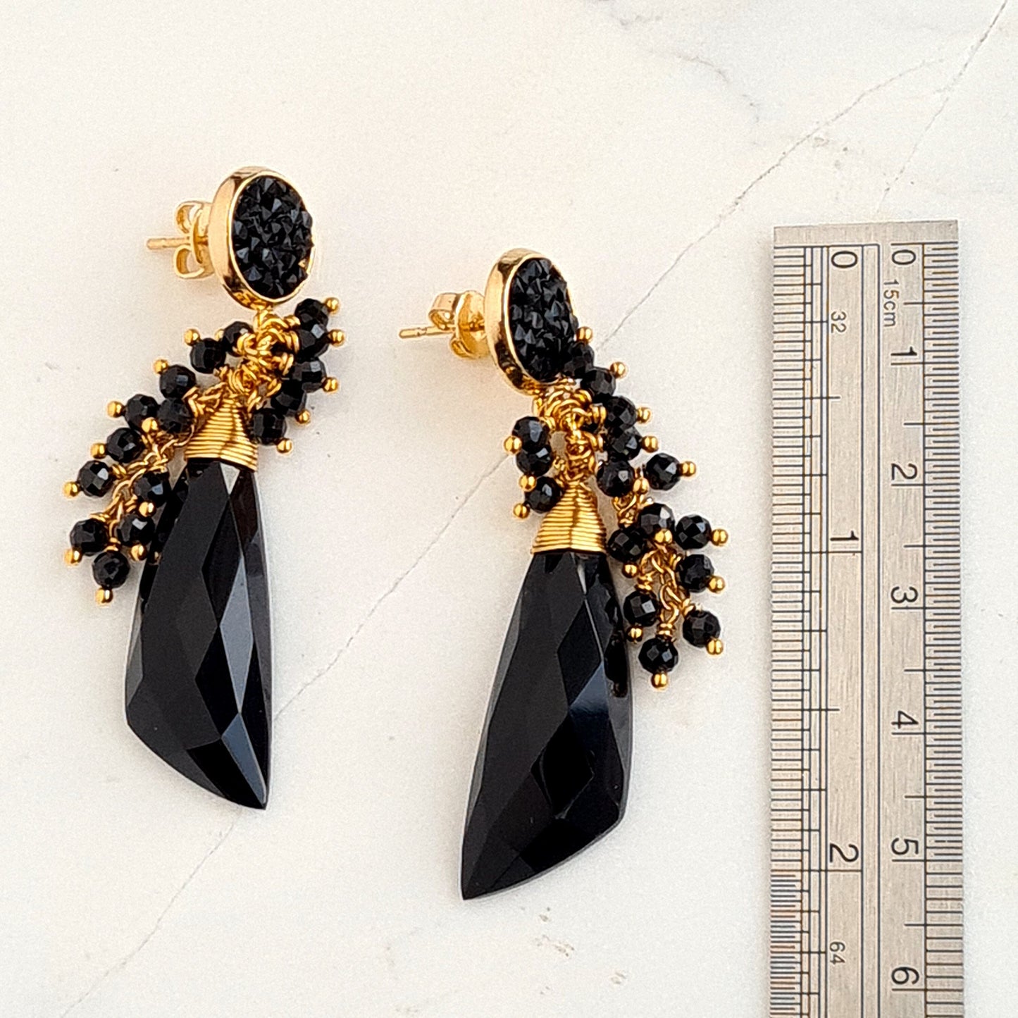 Black Onyx with Black Spinel Cluster Earring on Black pave stud