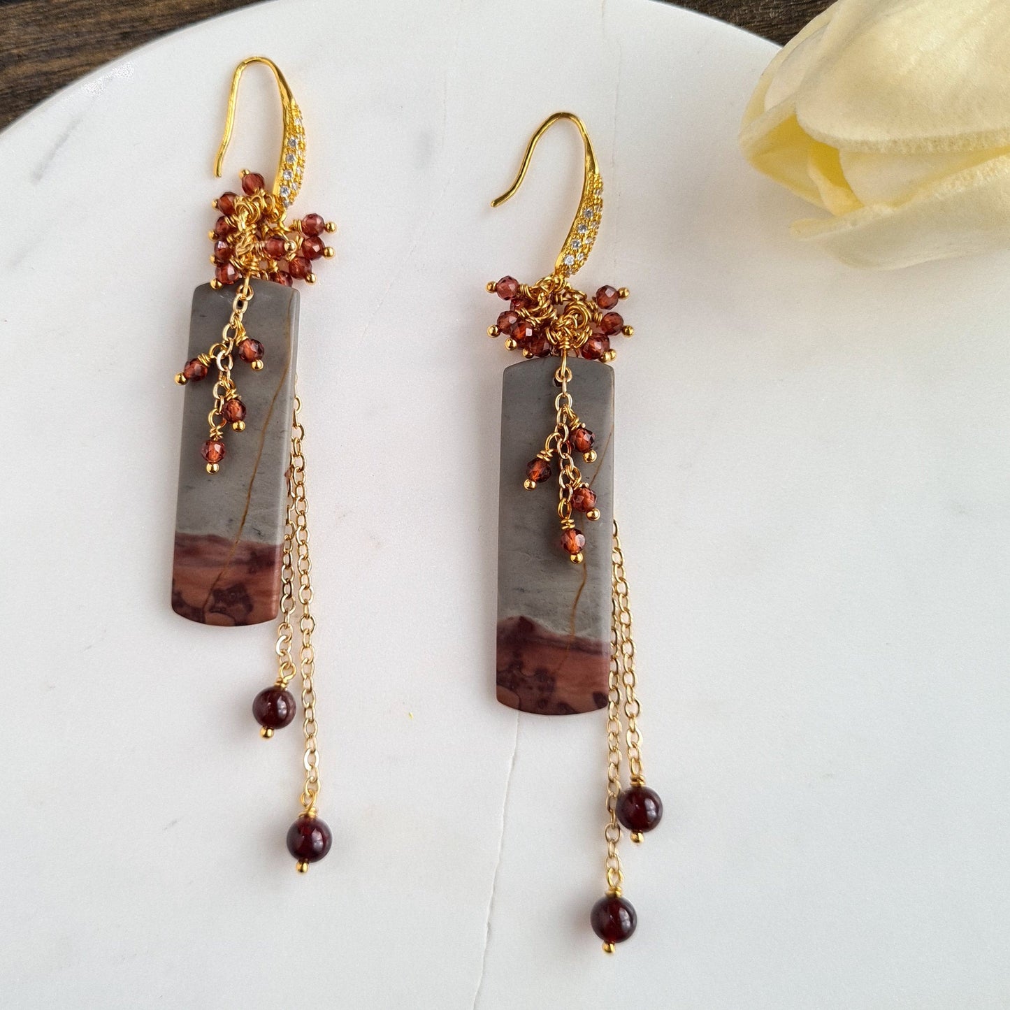 Chohua Jasper with Mozambique Garnet Gemstone Cluster Earrings