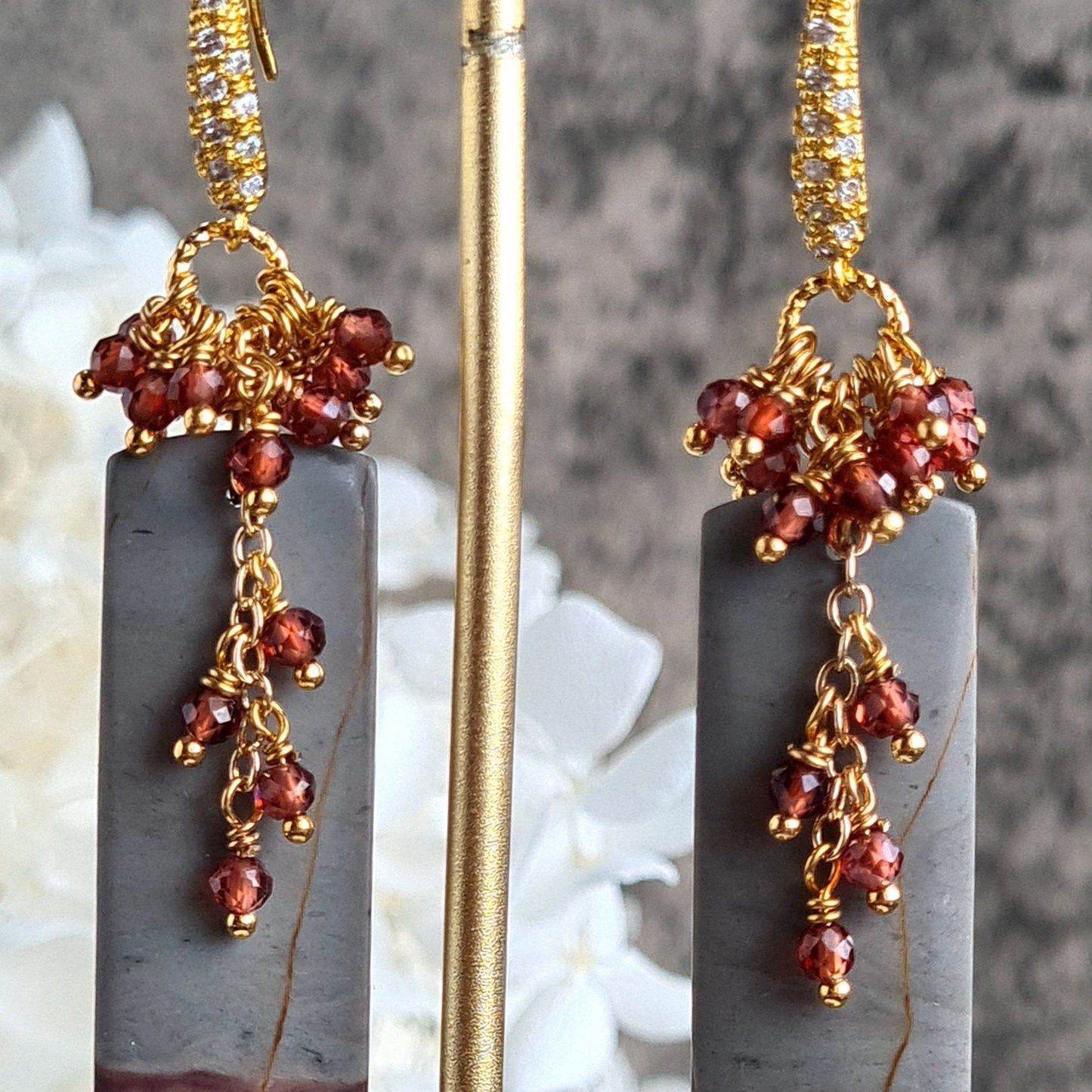 Chohua Jasper with Mozambique Garnet Gemstone Cluster Earrings