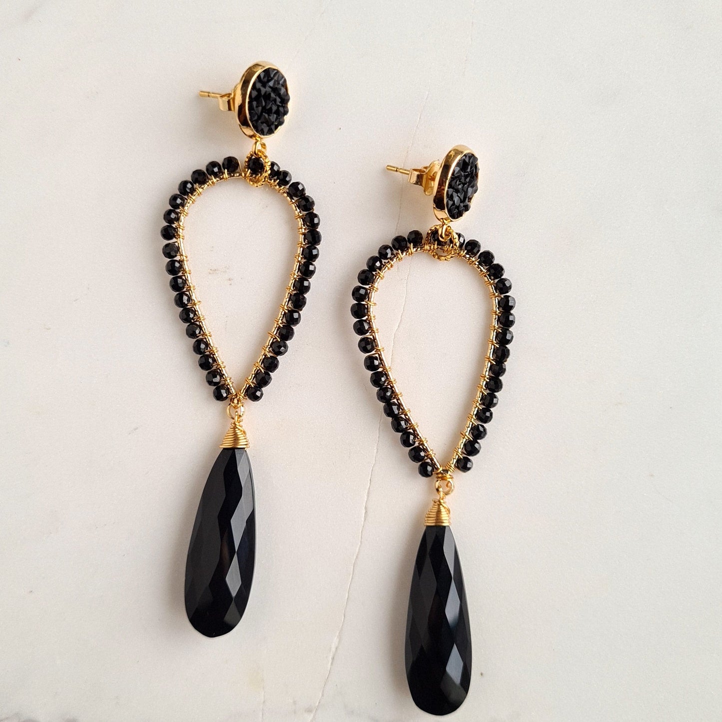 Black Onyx & Black Spinel Inverted Tear Drop Gemstone Earrings