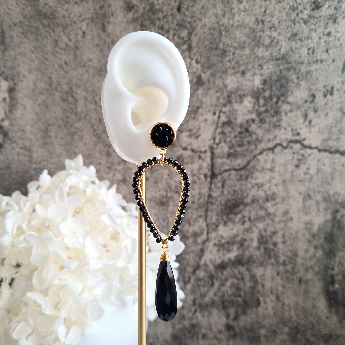Black Onyx & Black Spinel Inverted Tear Drop Gemstone Earrings