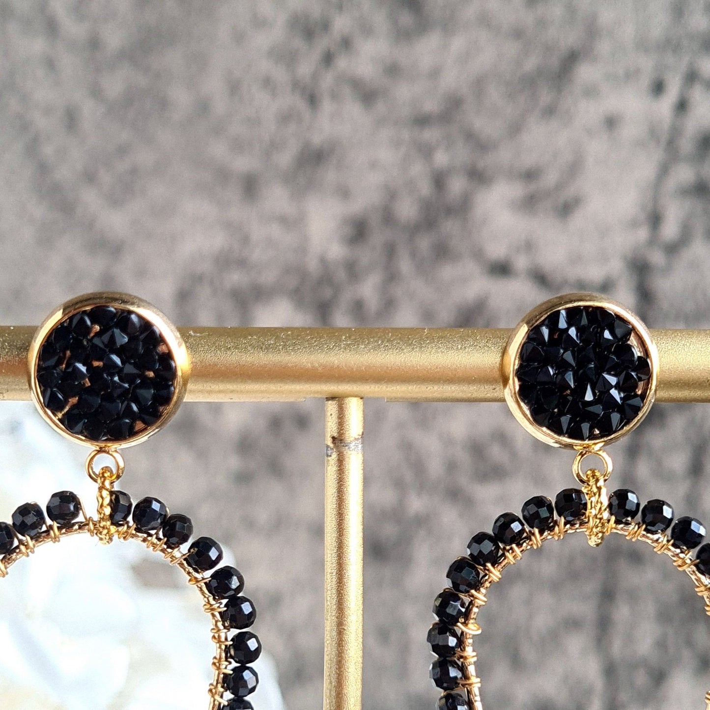Black Onyx & Black Spinel Inverted Tear Drop Gemstone Earrings