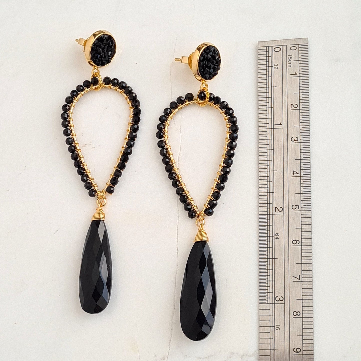 Black Onyx & Black Spinel Inverted Tear Drop Gemstone Earrings