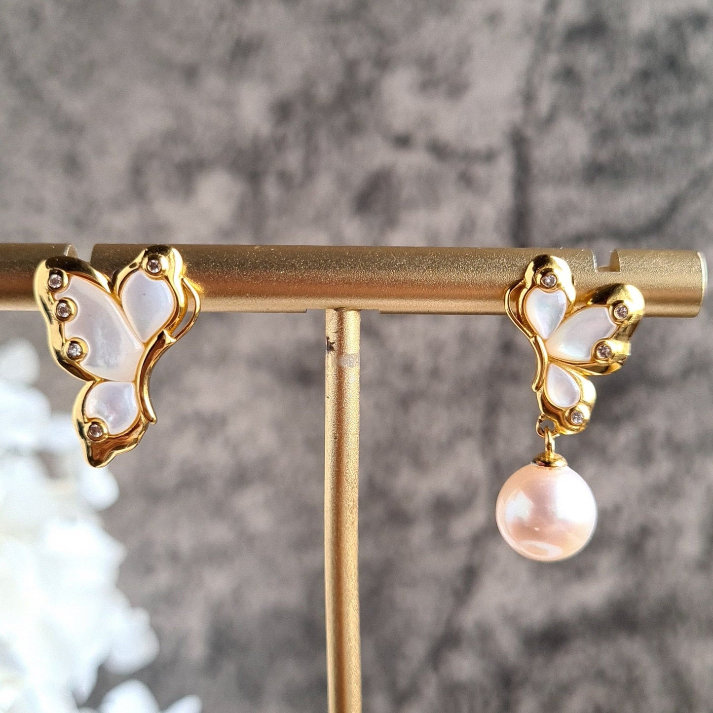 Asymmetrical Fresh Water Pearl Butterfly Earrings in S925