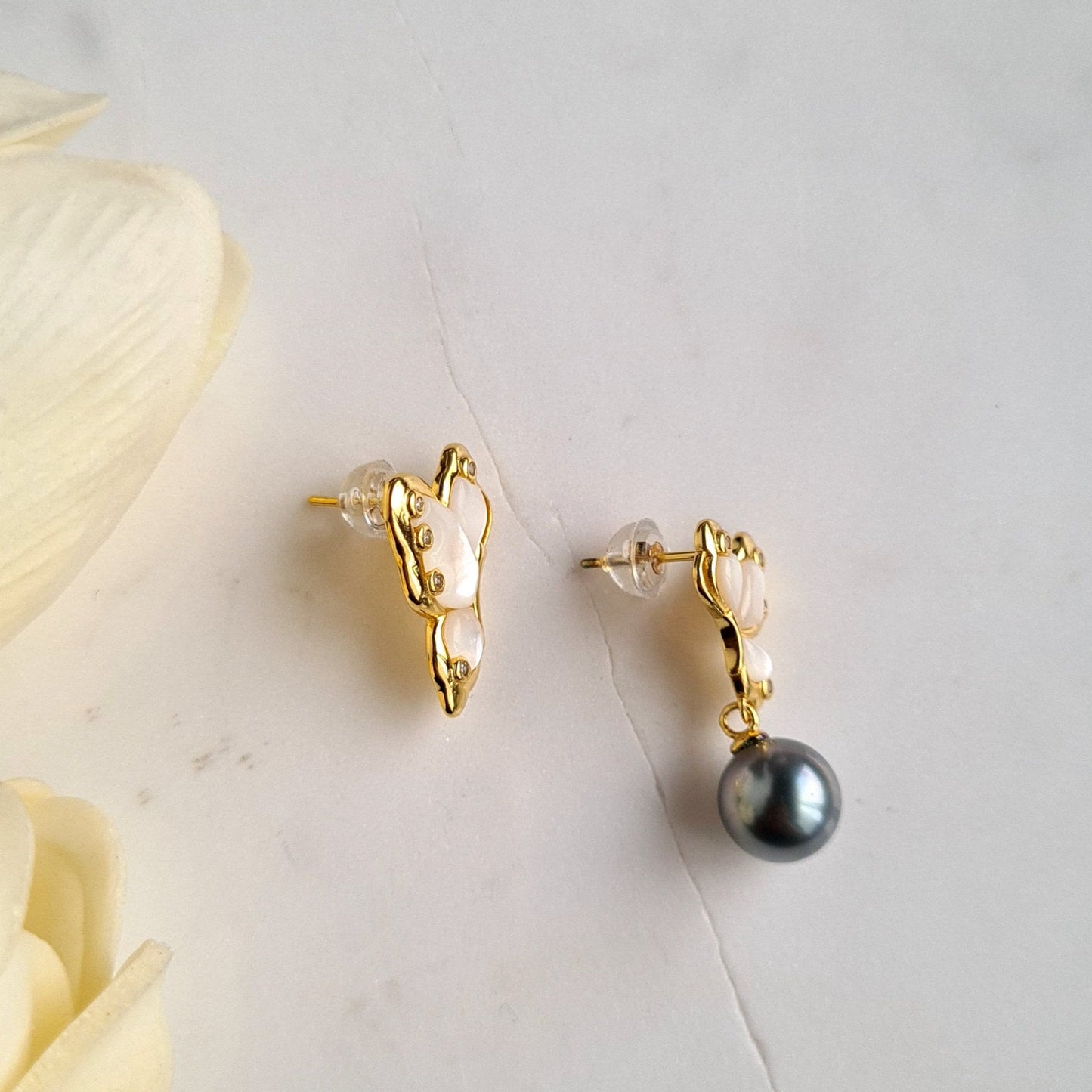 Asymmetrical Tahitian Pearl Butterfly Earrings in S925