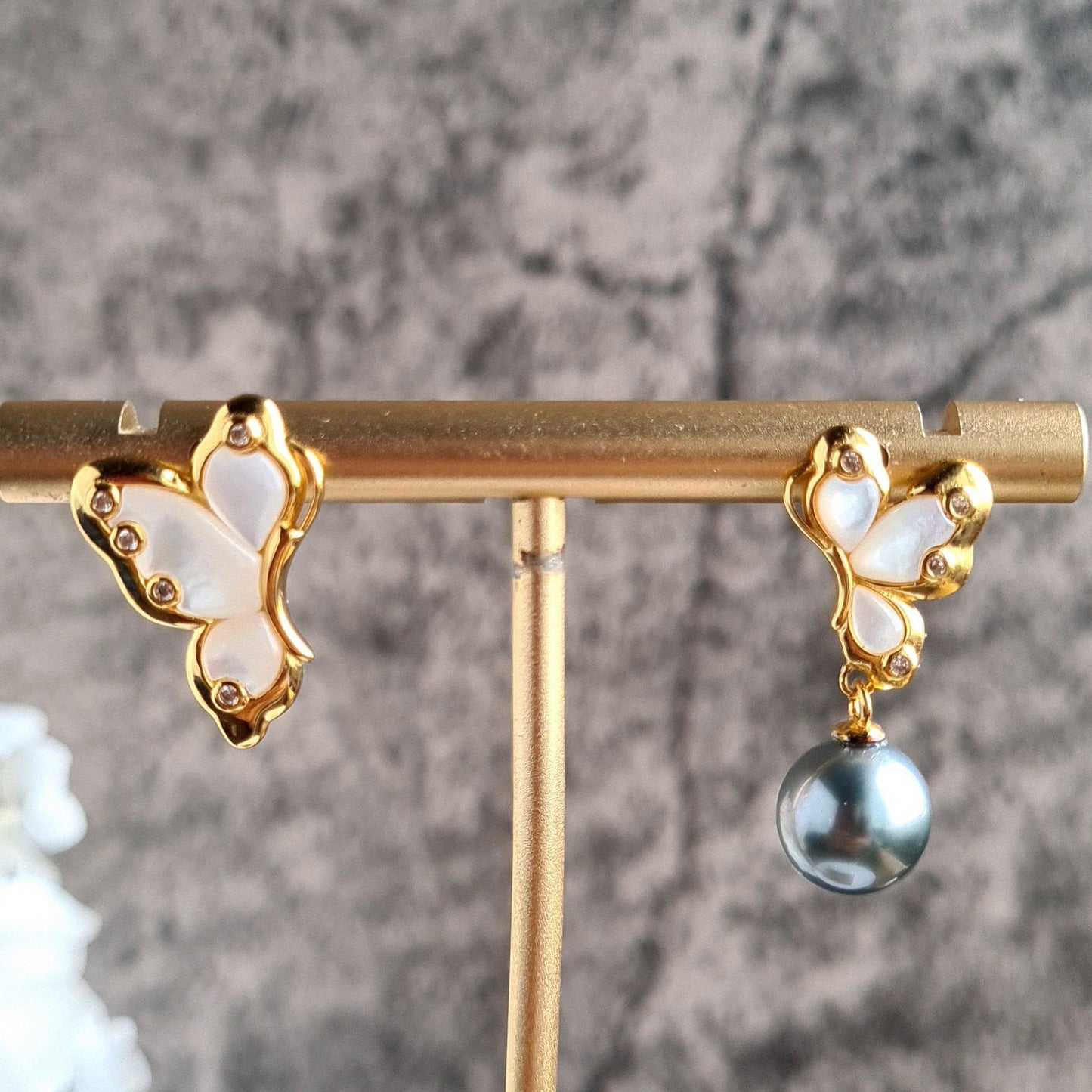 Asymmetrical Tahitian Pearl Butterfly Earrings in S925
