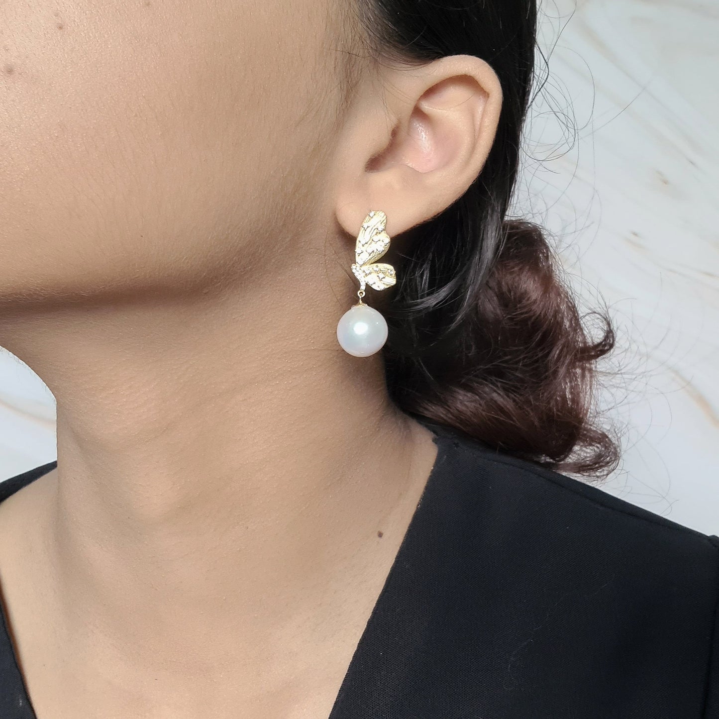 Frosted Butterfly Vermeil (S925) with AAA Fresh Water Pearl Dangling Earrings