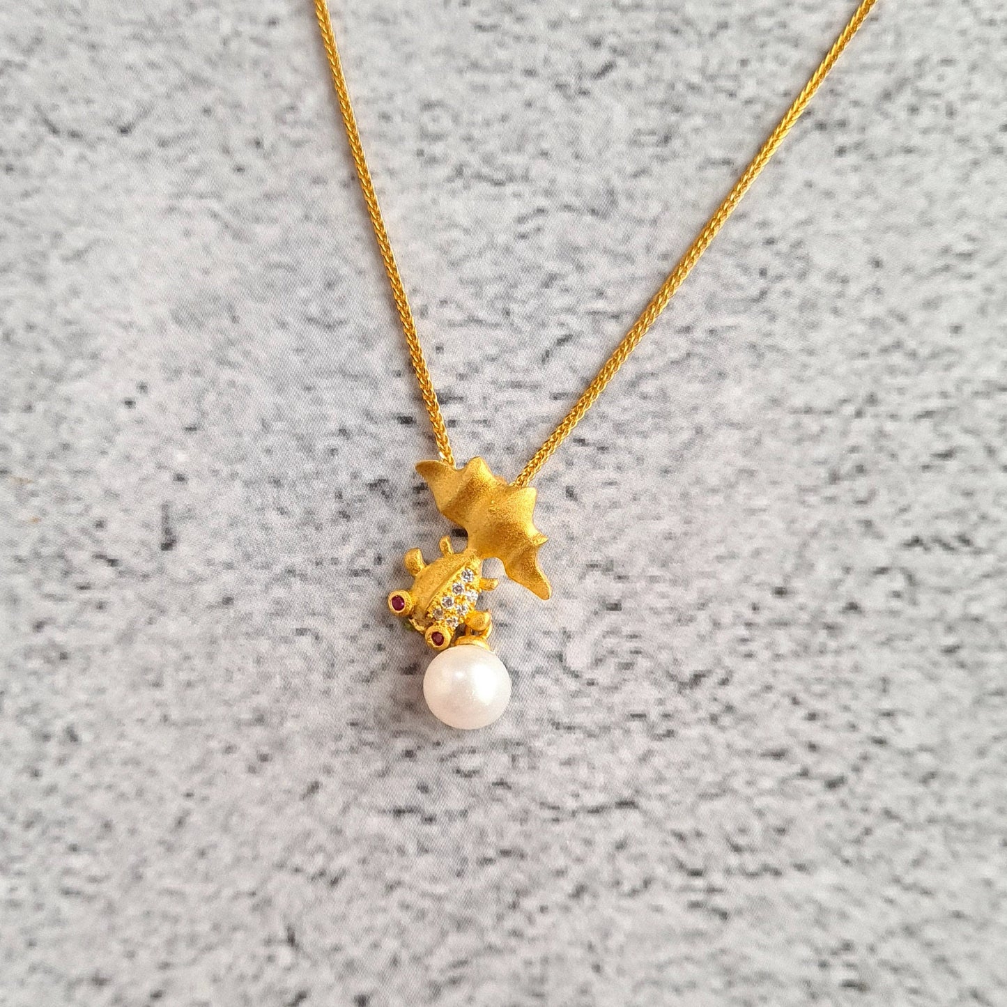 Gold Fish Vermeil Pendant with Chain with AAA fresh water Pearl Necklace