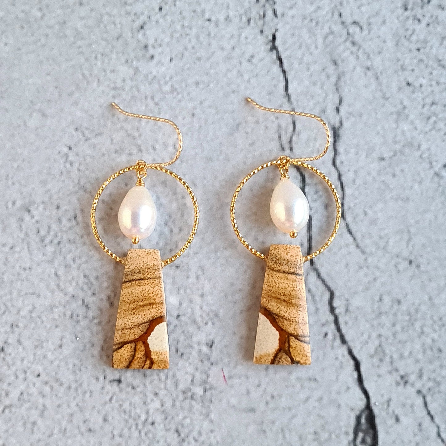 Picture Jasper with fresh water pearl tear drop gemstone earrings