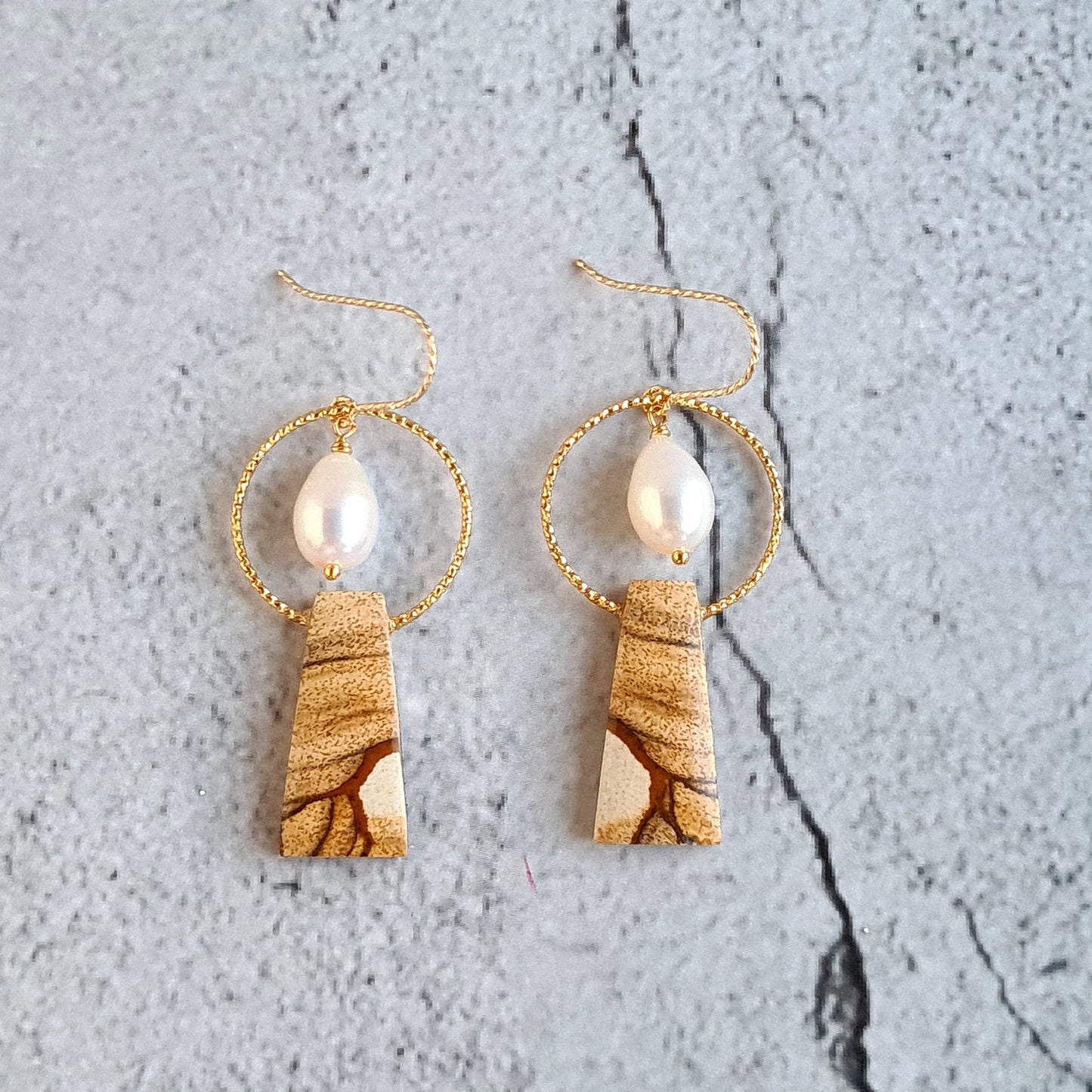 Picture Jasper with fresh water pearl tear drop gemstone earrings