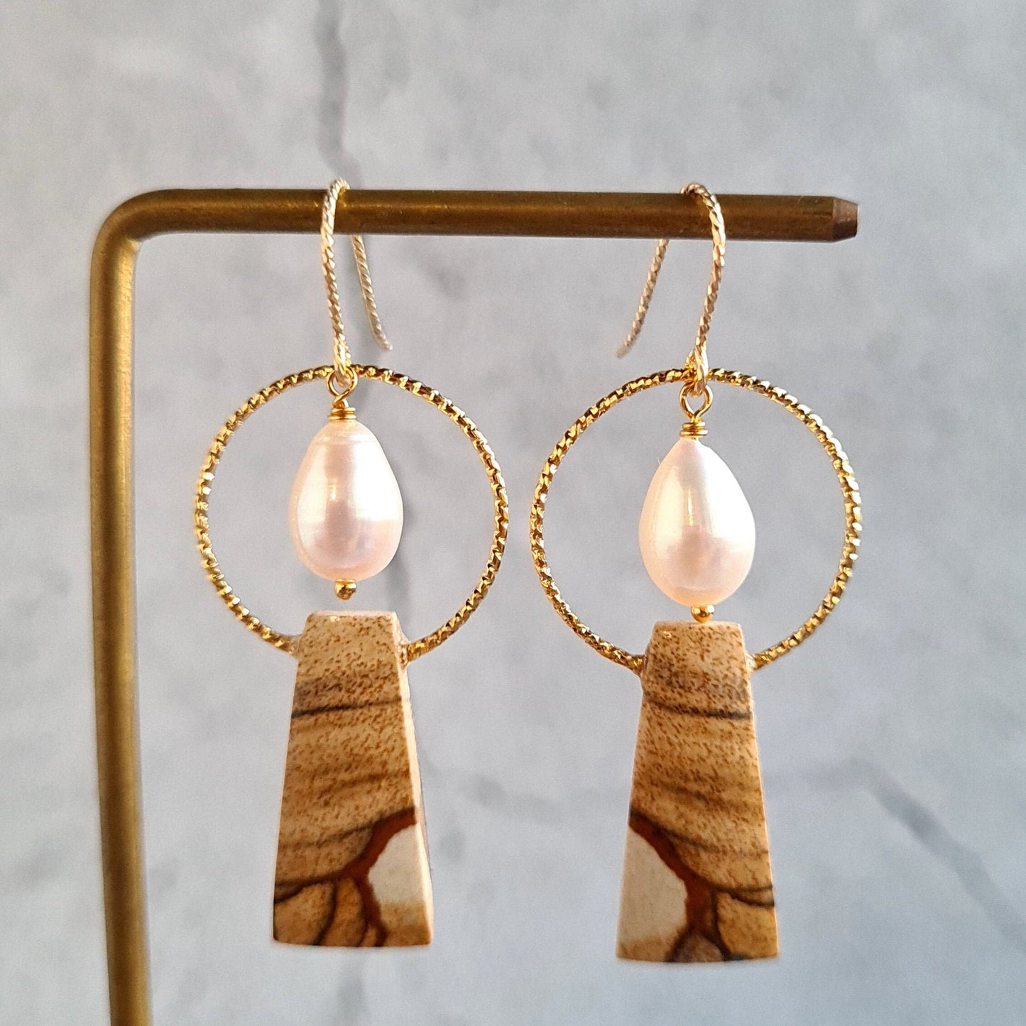 Picture Jasper with fresh water pearl tear drop gemstone earrings