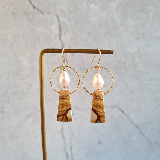 Picture Jasper with fresh water pearl tear drop gemstone earrings