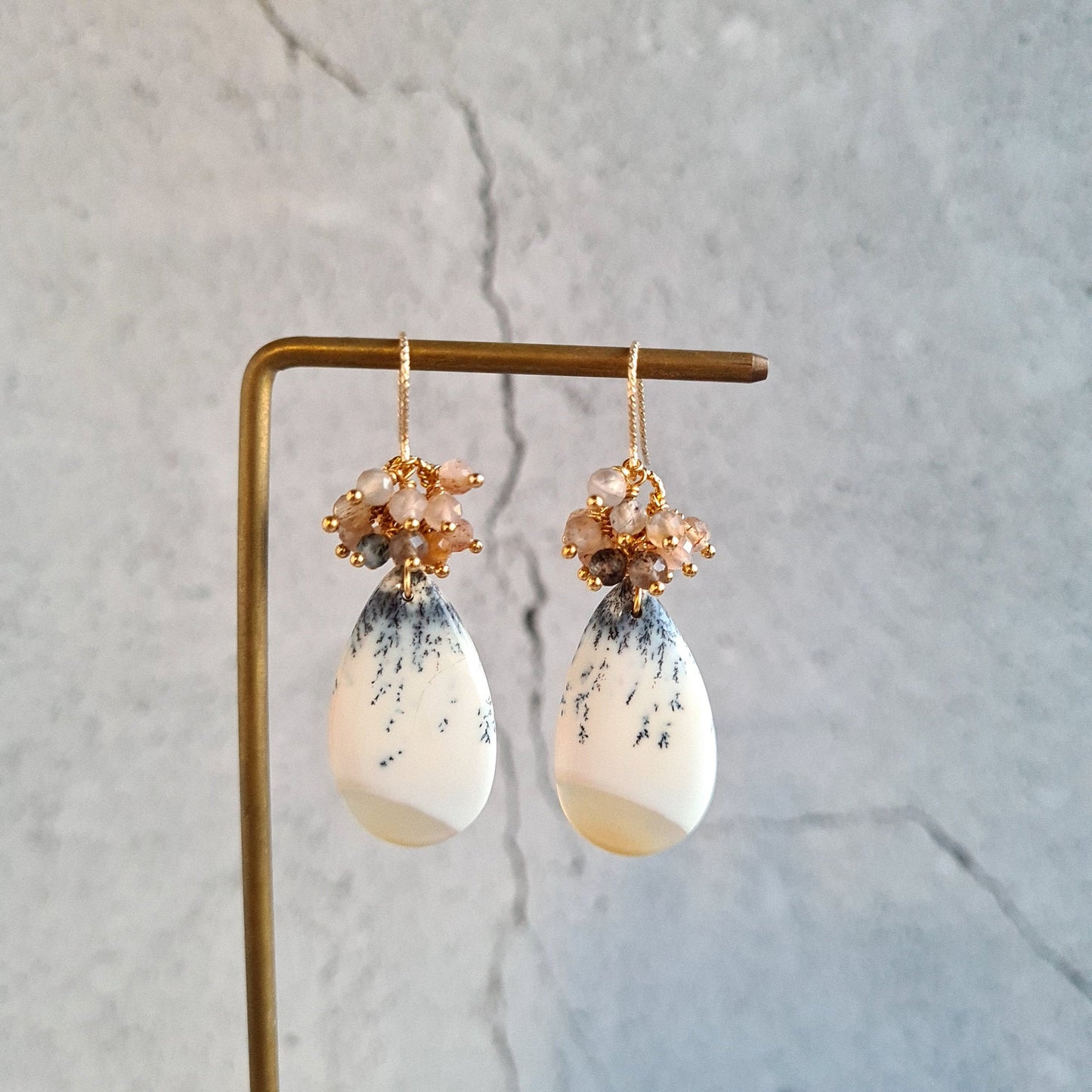 Dendrite Agate Cabochon Earrings & Pendant with chain Necklace Set