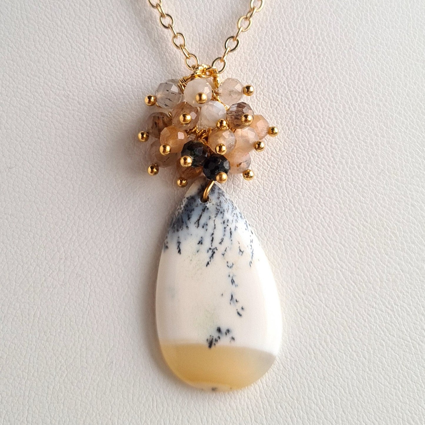 Dendrite Agate Cabochon Earrings & Pendant with chain Necklace Set