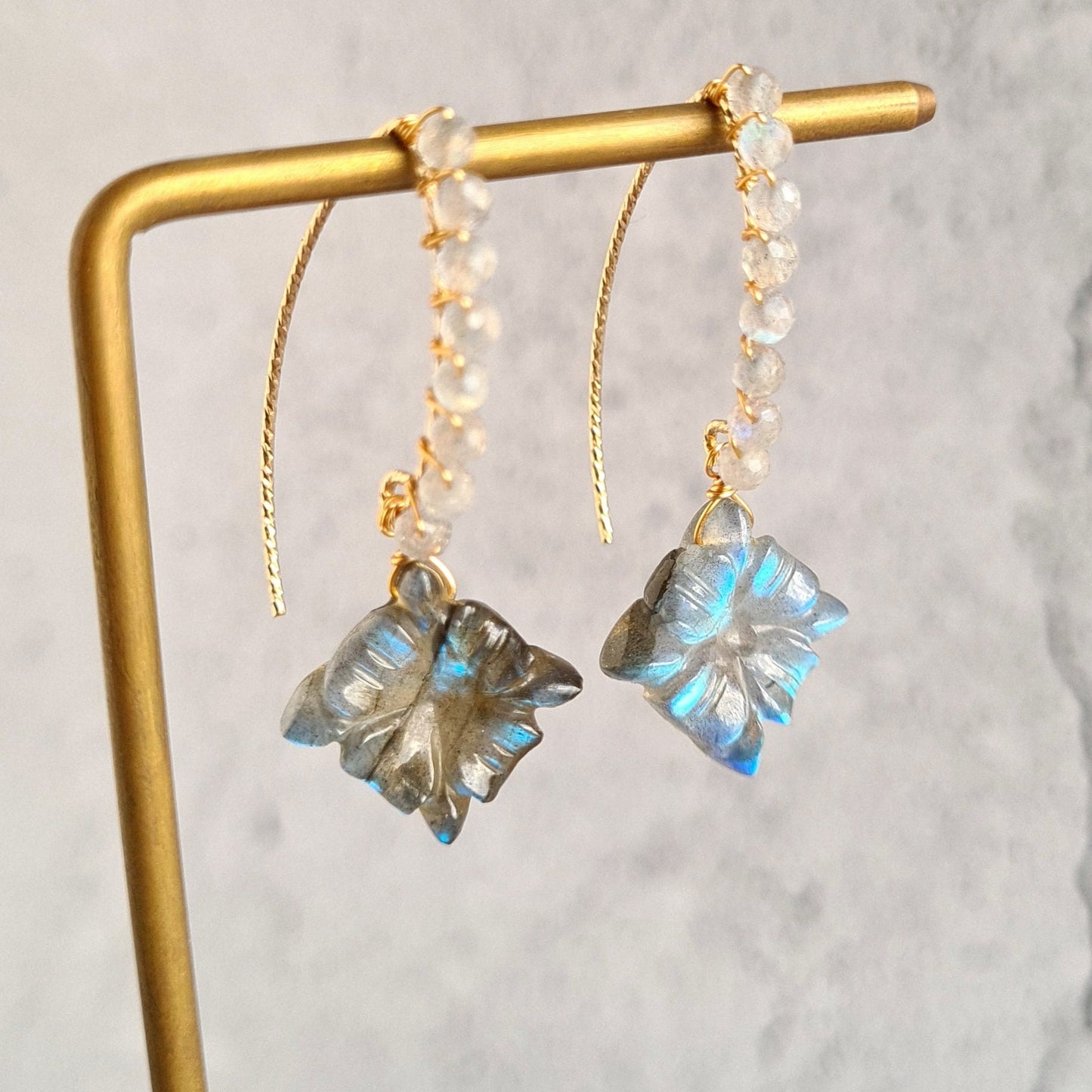 Carved Labradorite wire wrap V Hook Gemstone Earrings
