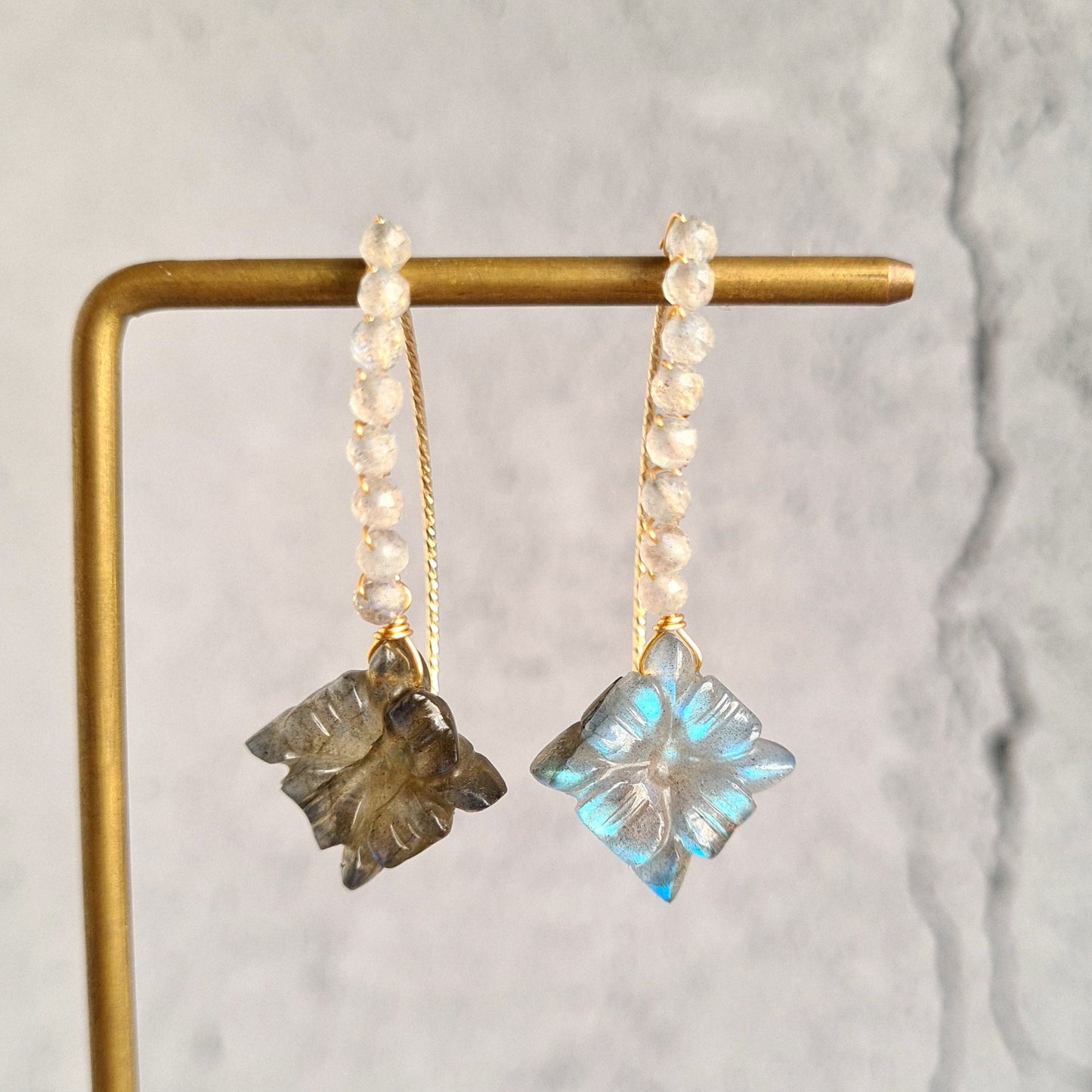 Carved Labradorite wire wrap V Hook Gemstone Earrings
